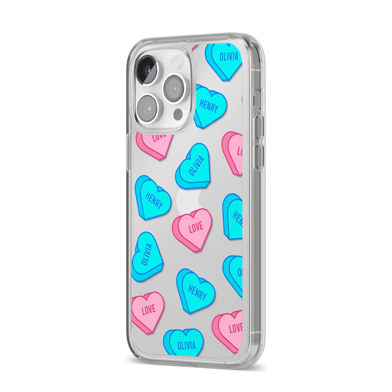 Love Heart Sweets with Names iPhone 14 Pro Max Clear Tough Case Silver Angled Image