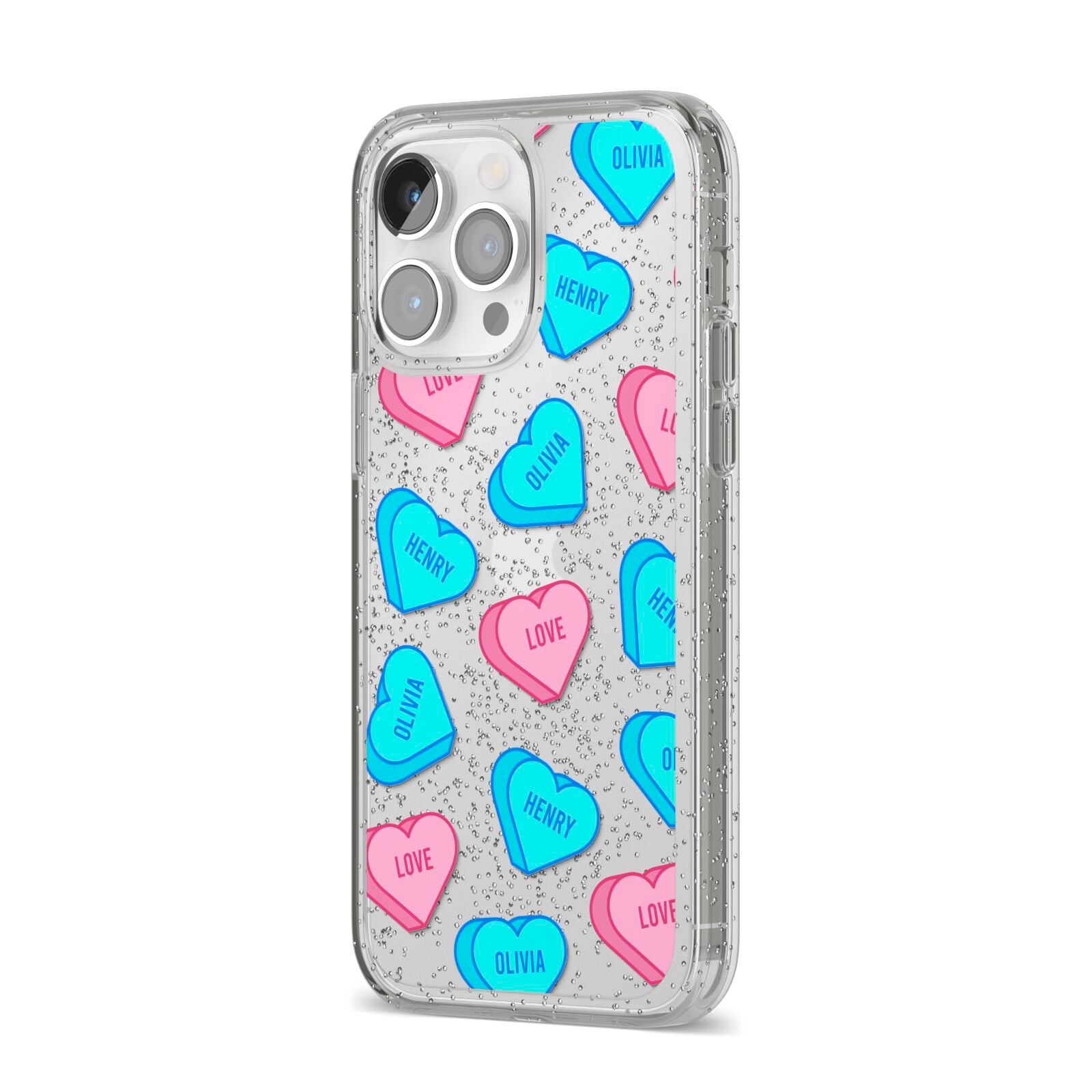 Love Heart Sweets with Names iPhone 14 Pro Max Glitter Tough Case Silver Angled Image