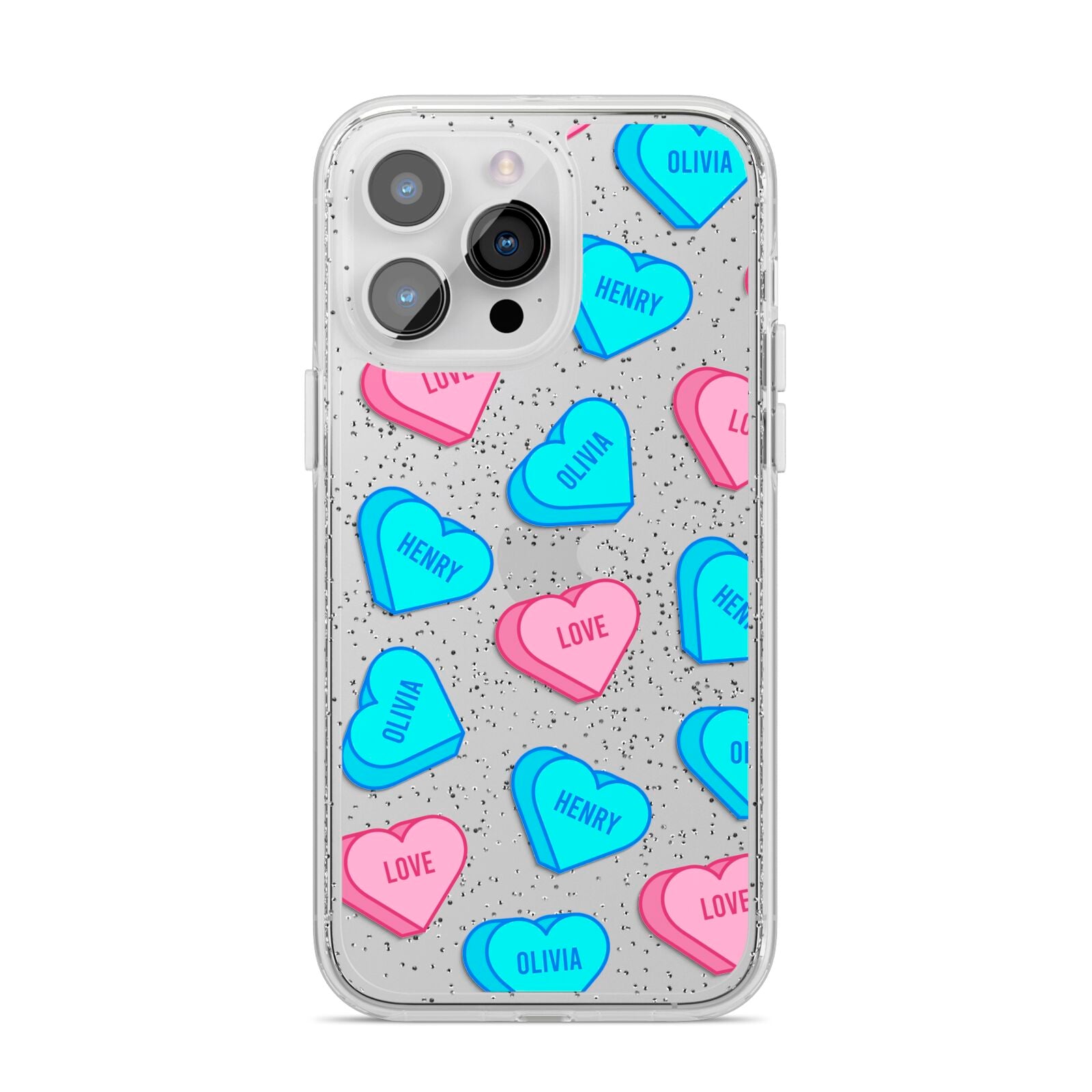 Love Heart Sweets with Names iPhone 14 Pro Max Glitter Tough Case Silver
