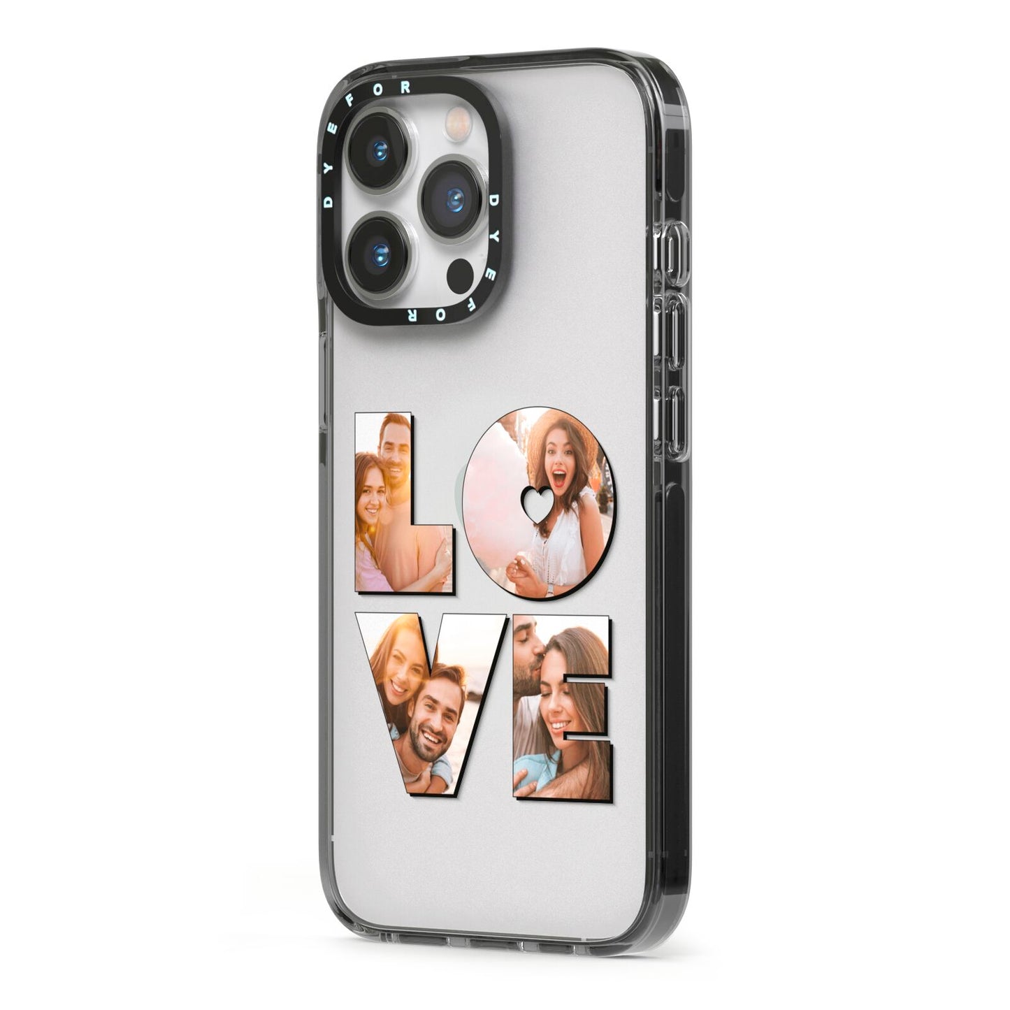 Love Personalised Photo Upload iPhone 13 Pro Black Impact Case Side Angle on Silver phone