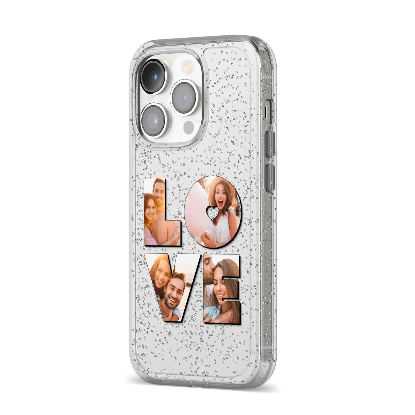 Love Personalised Photo Upload iPhone 14 Pro Glitter Tough Case Silver Angled Image