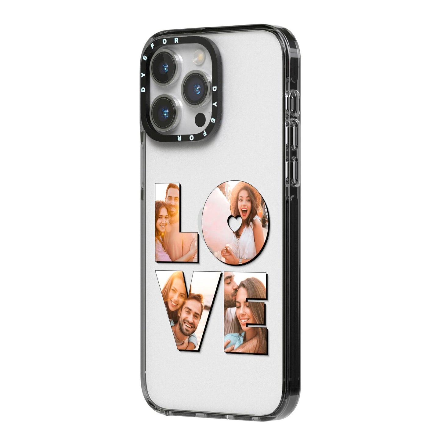 Love Personalised Photo Upload iPhone 14 Pro Max Black Impact Case Side Angle on Silver phone