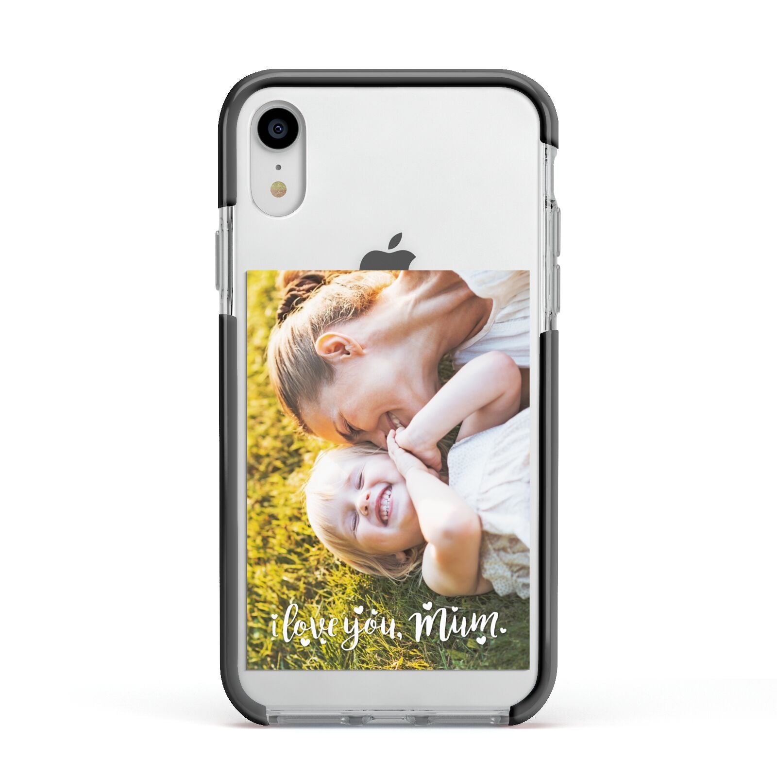 Love You Mum Photo Upload Apple iPhone XR Impact Case Black Edge on Silver Phone