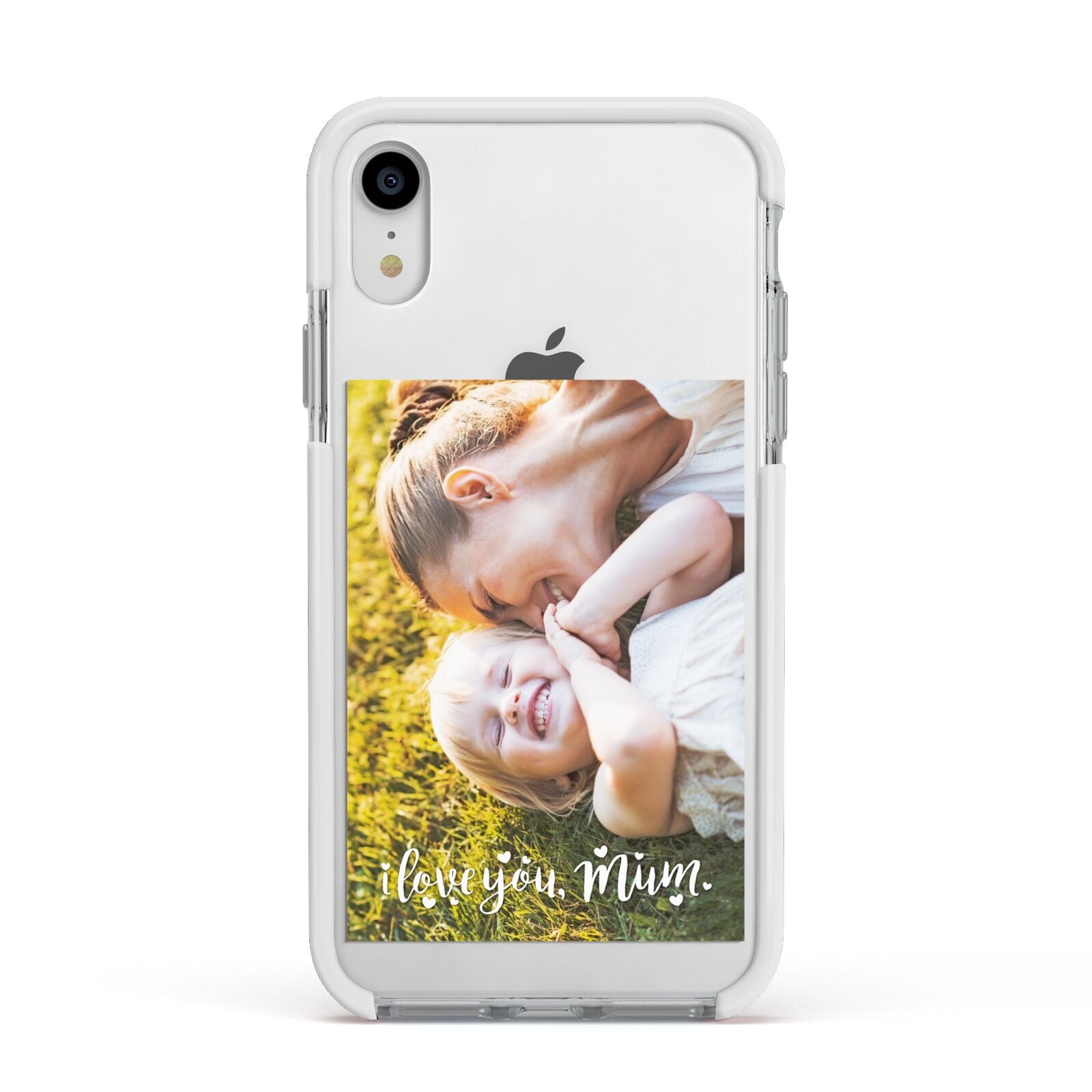 Love You Mum Photo Upload Apple iPhone XR Impact Case White Edge on Silver Phone