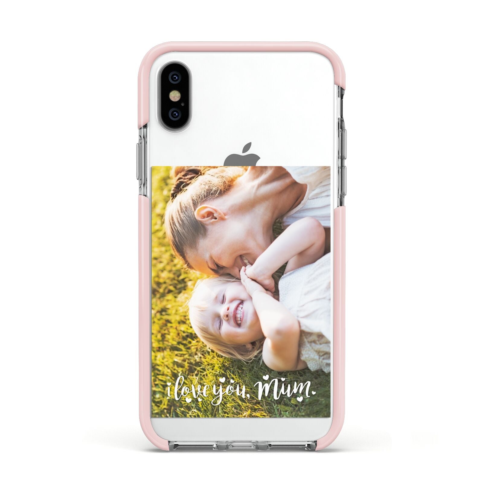 Love You Mum Photo Upload Apple iPhone Xs Impact Case Pink Edge on Silver Phone