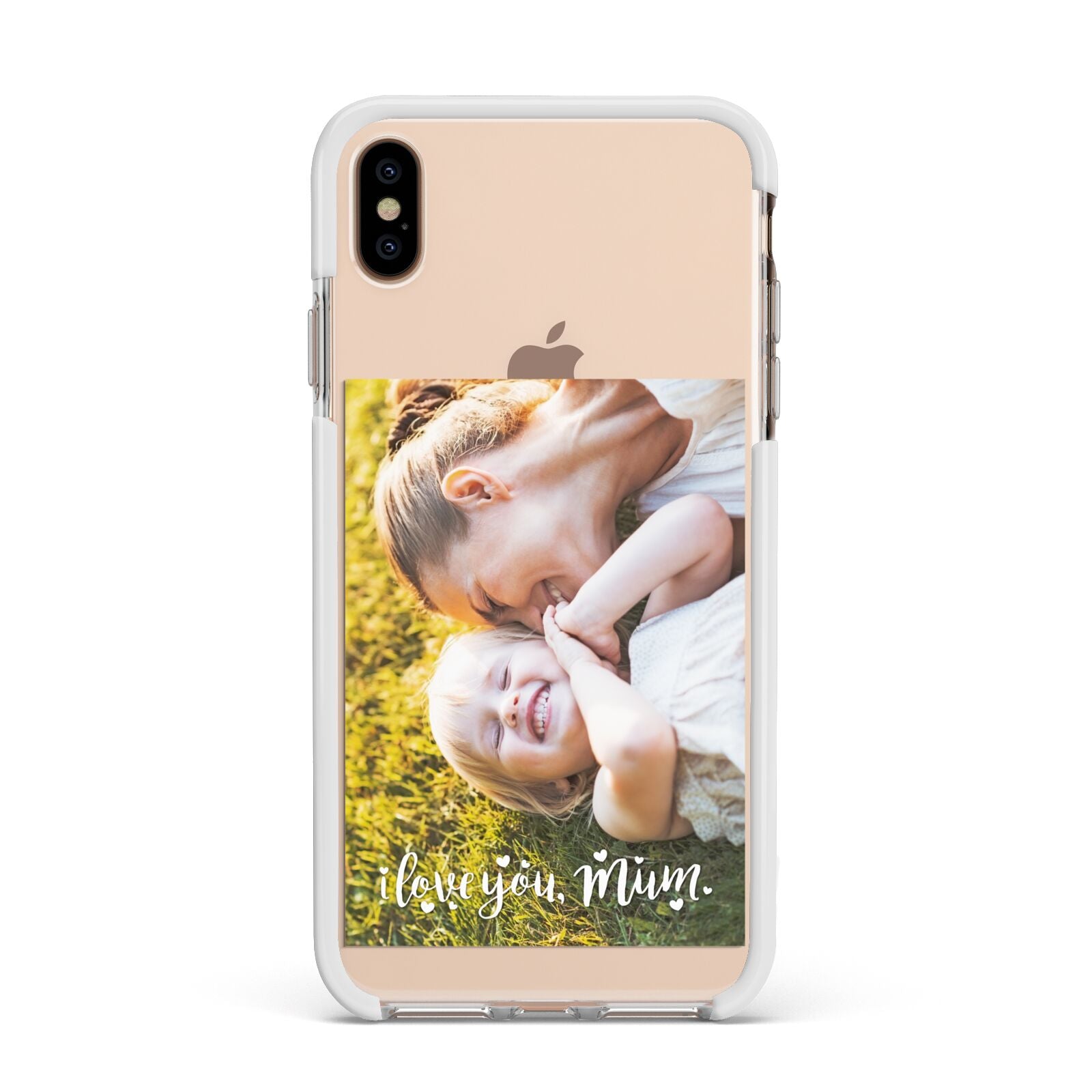 Love You Mum Photo Upload Apple iPhone Xs Max Impact Case White Edge on Gold Phone