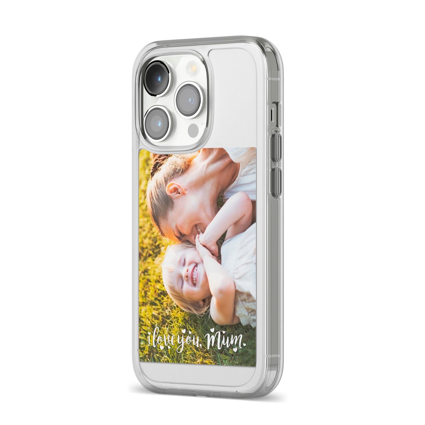 Love You Mum Photo Upload iPhone 14 Pro Clear Tough Case Silver Angled Image
