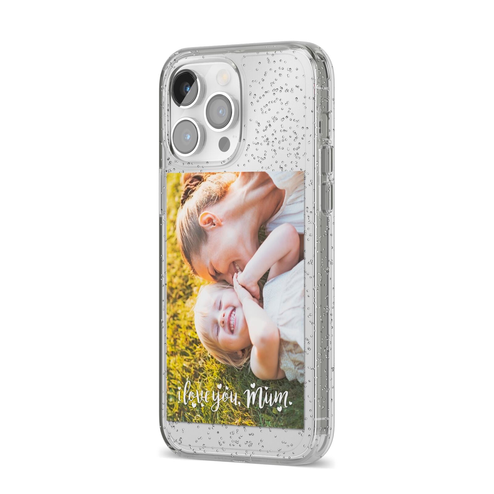 Love You Mum Photo Upload iPhone 14 Pro Max Glitter Tough Case Silver Angled Image