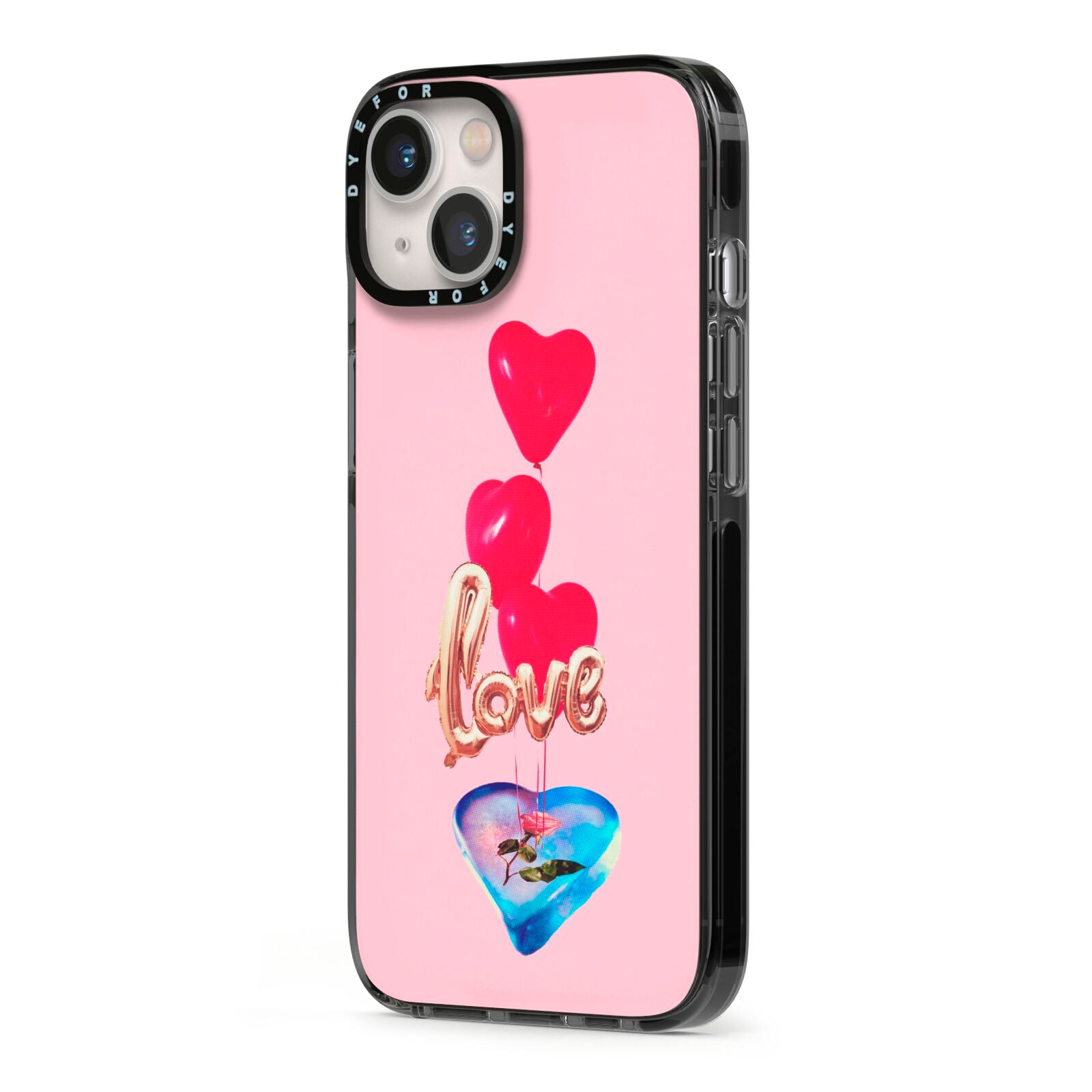 Love bubble balloon iPhone 13 Black Impact Case Side Angle on Silver phone