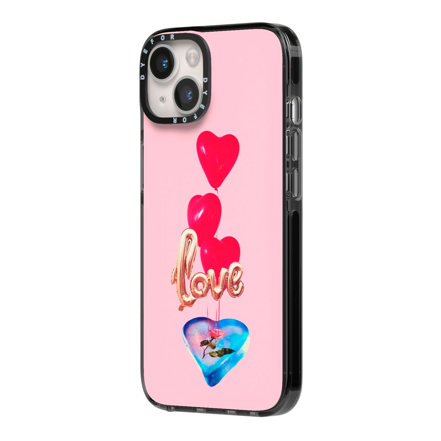 Love bubble balloon iPhone 14 Black Impact Case Side Angle on Silver phone