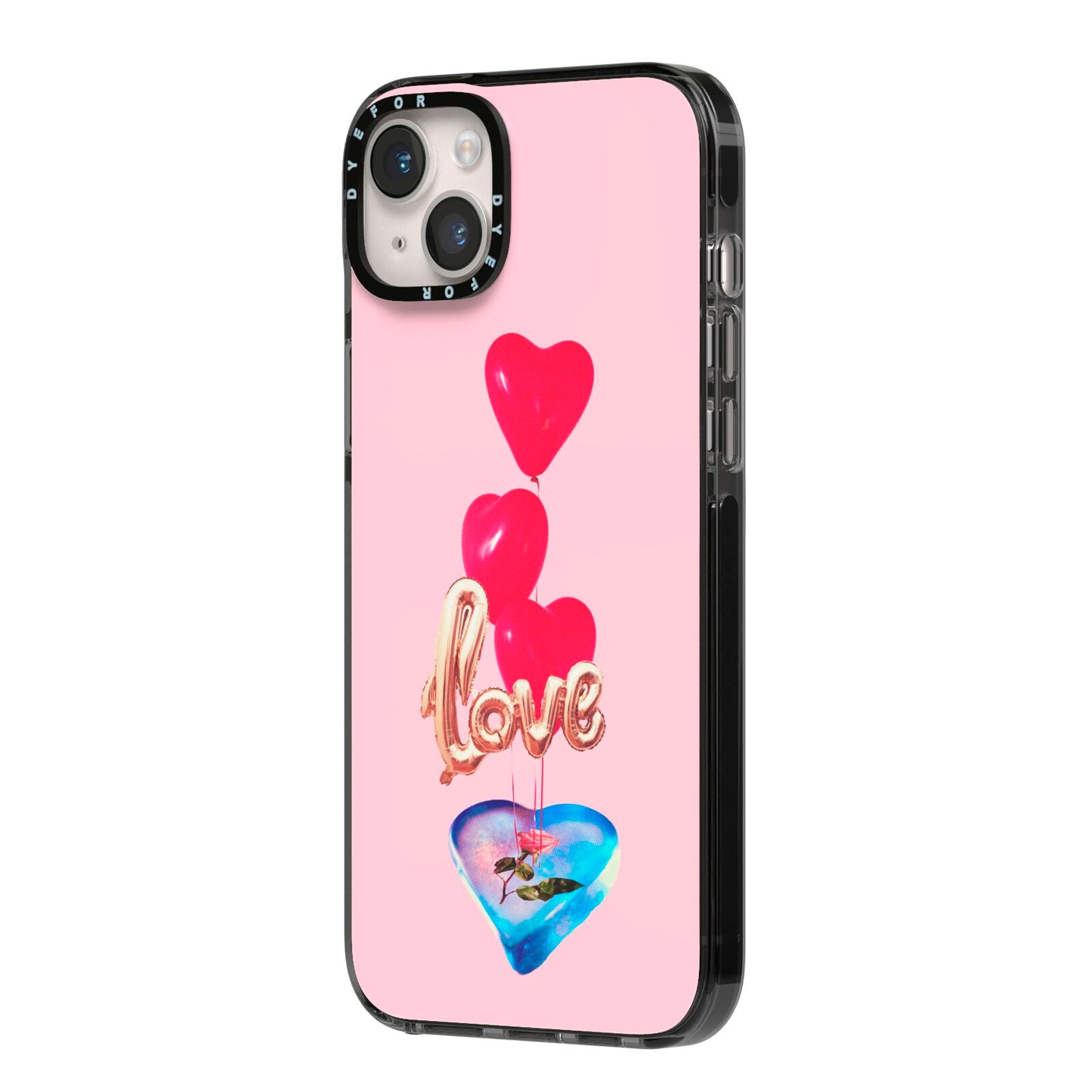 Love bubble balloon iPhone 14 Plus Black Impact Case Side Angle on Silver phone