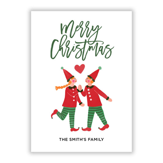 Loved up Christmas Elves with Name A5 Flat Greetings Card
