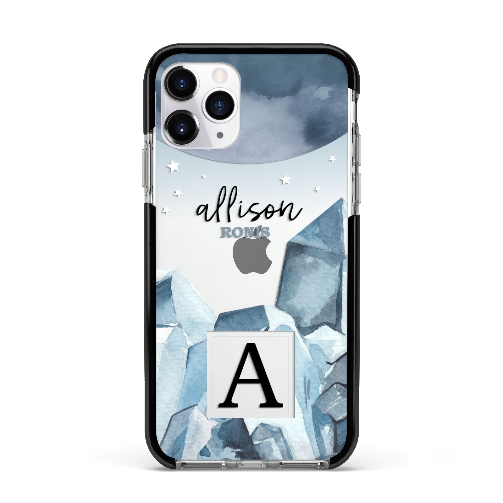 Lunar Crystals Personalised Name Apple iPhone 11 Pro in Silver with Black Impact Case