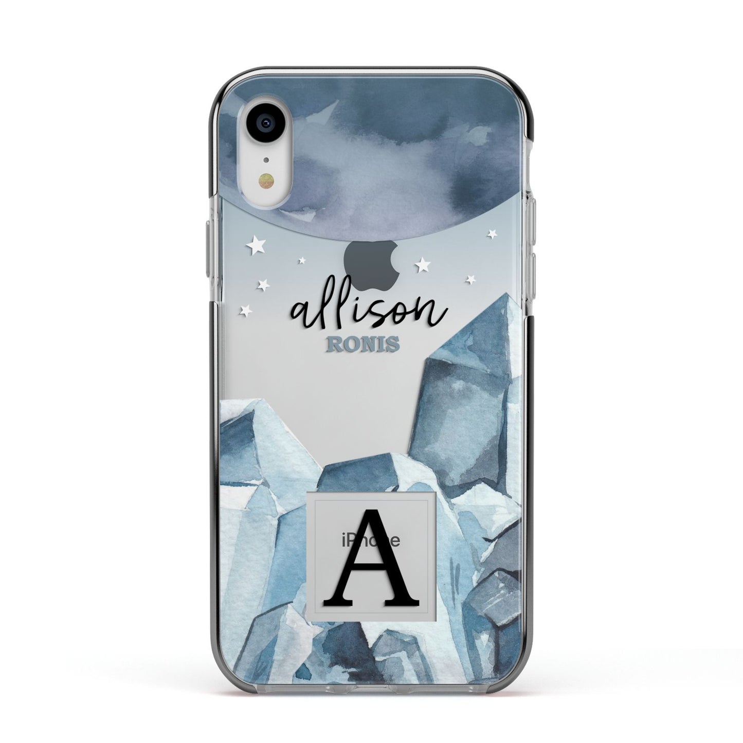 Lunar Crystals Personalised Name Apple iPhone XR Impact Case Black Edge on Silver Phone