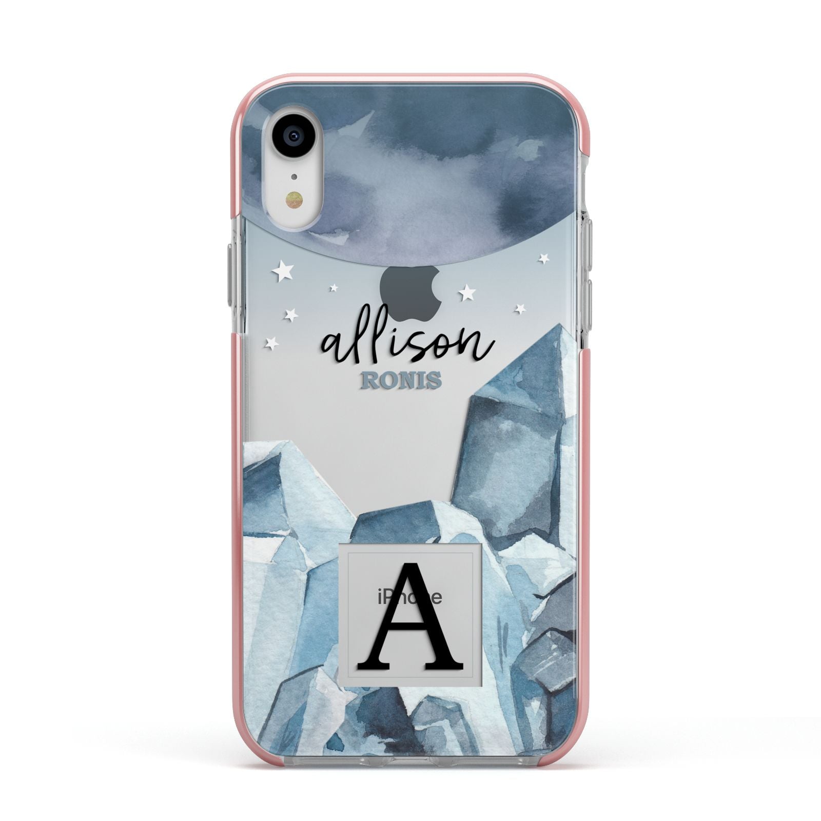 Lunar Crystals Personalised Name Apple iPhone XR Impact Case Pink Edge on Silver Phone
