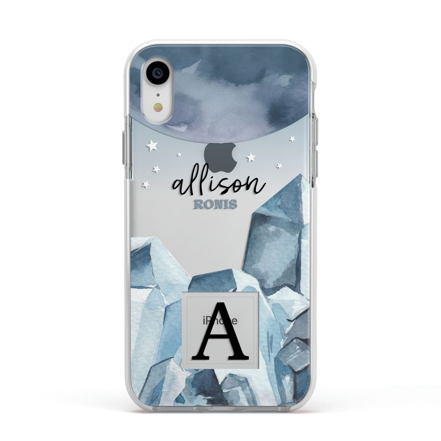 Lunar Crystals Personalised Name Apple iPhone XR Impact Case White Edge on Silver Phone