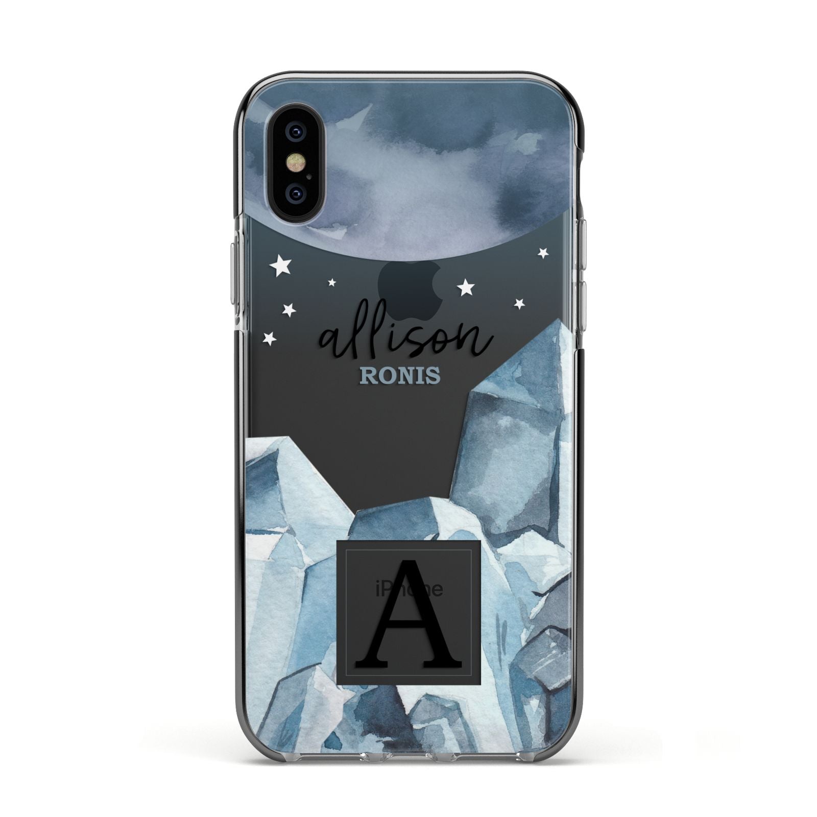 Lunar Crystals Personalised Name Apple iPhone Xs Impact Case Black Edge on Black Phone