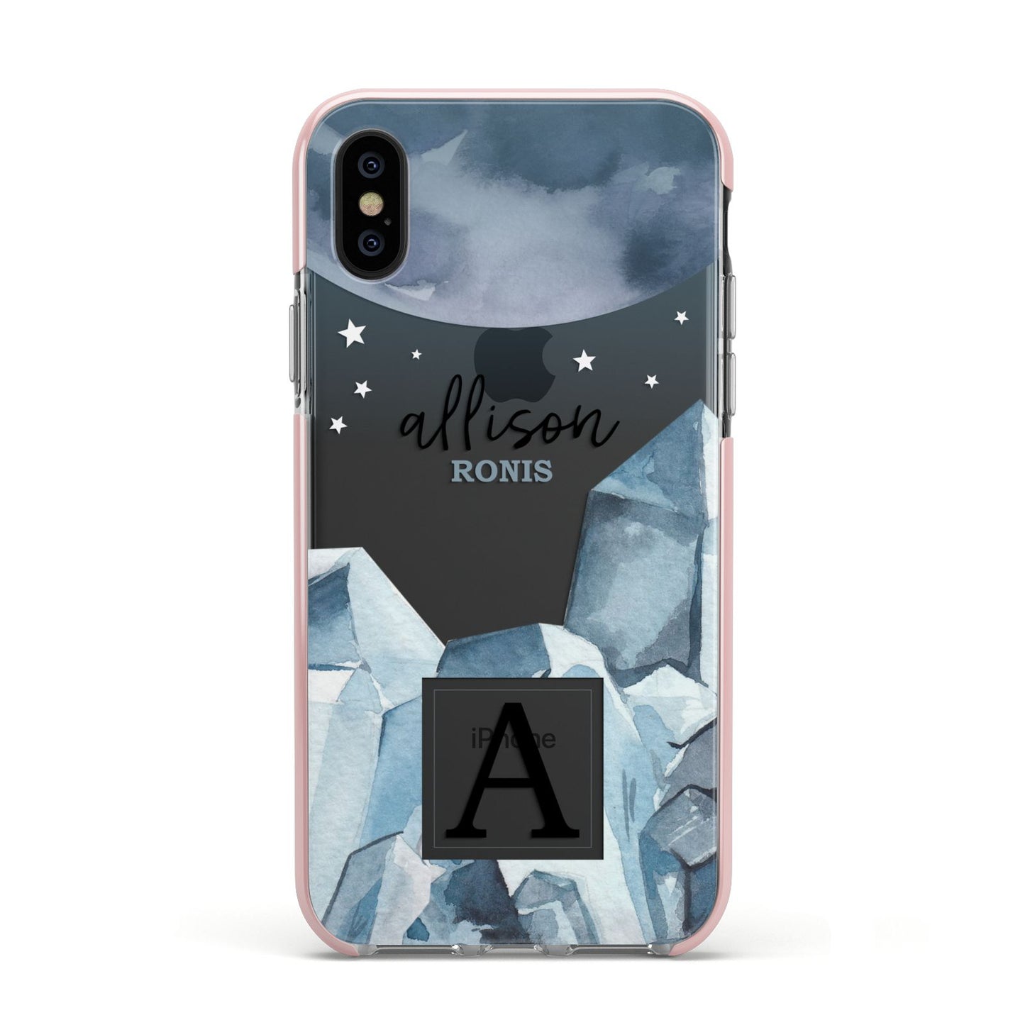 Lunar Crystals Personalised Name Apple iPhone Xs Impact Case Pink Edge on Black Phone