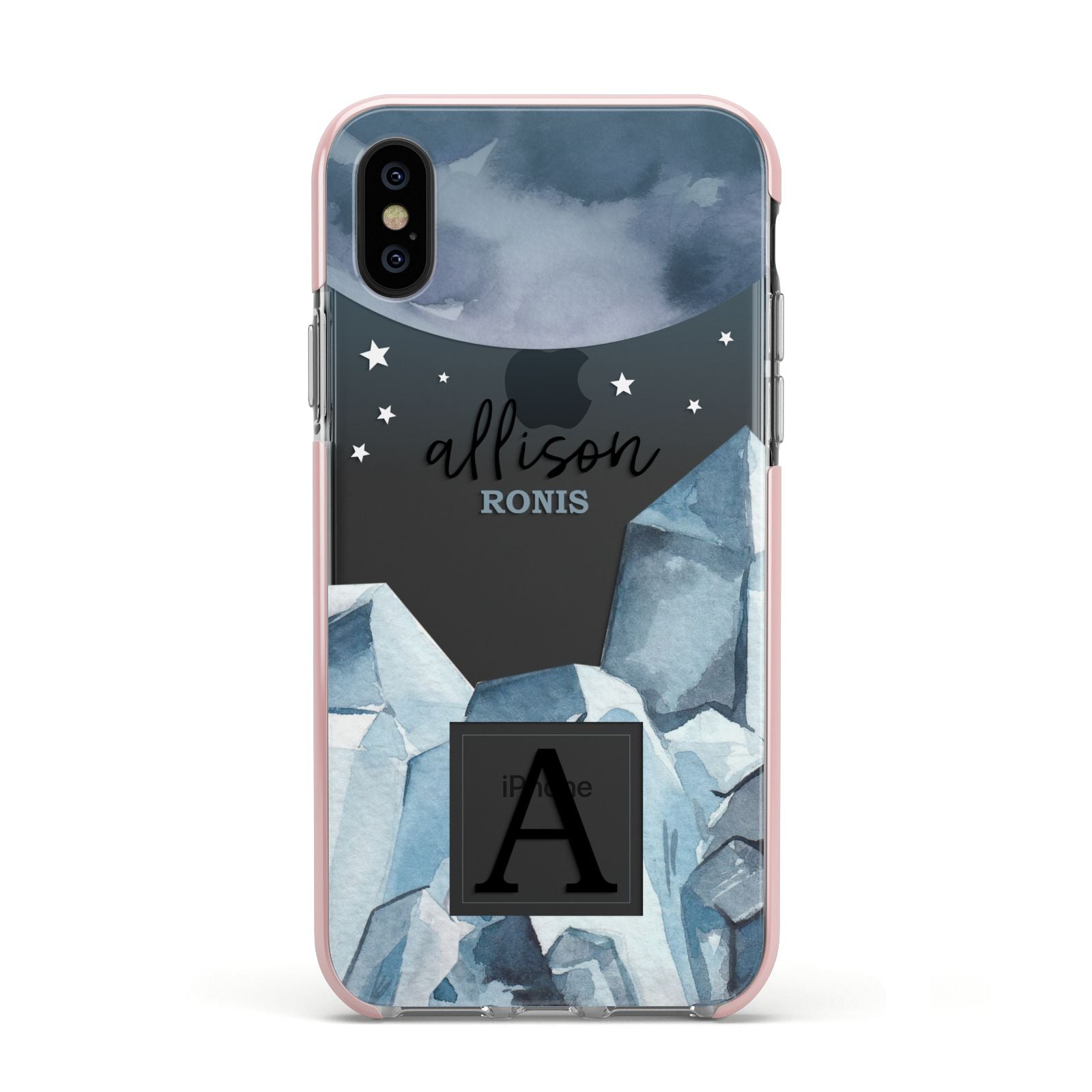 Lunar Crystals Personalised Name Apple iPhone Xs Impact Case Pink Edge on Black Phone