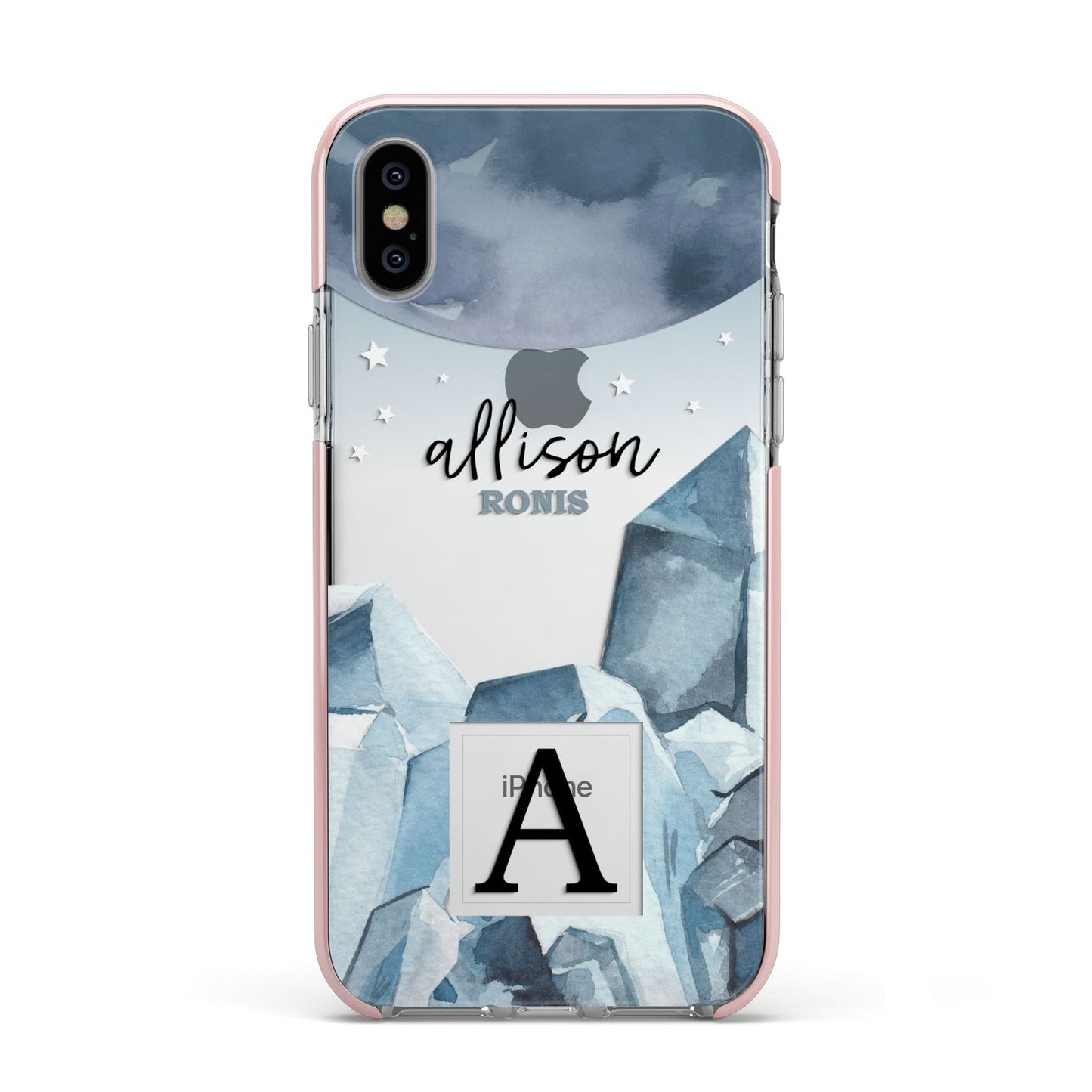 Lunar Crystals Personalised Name Apple iPhone Xs Impact Case Pink Edge on Silver Phone