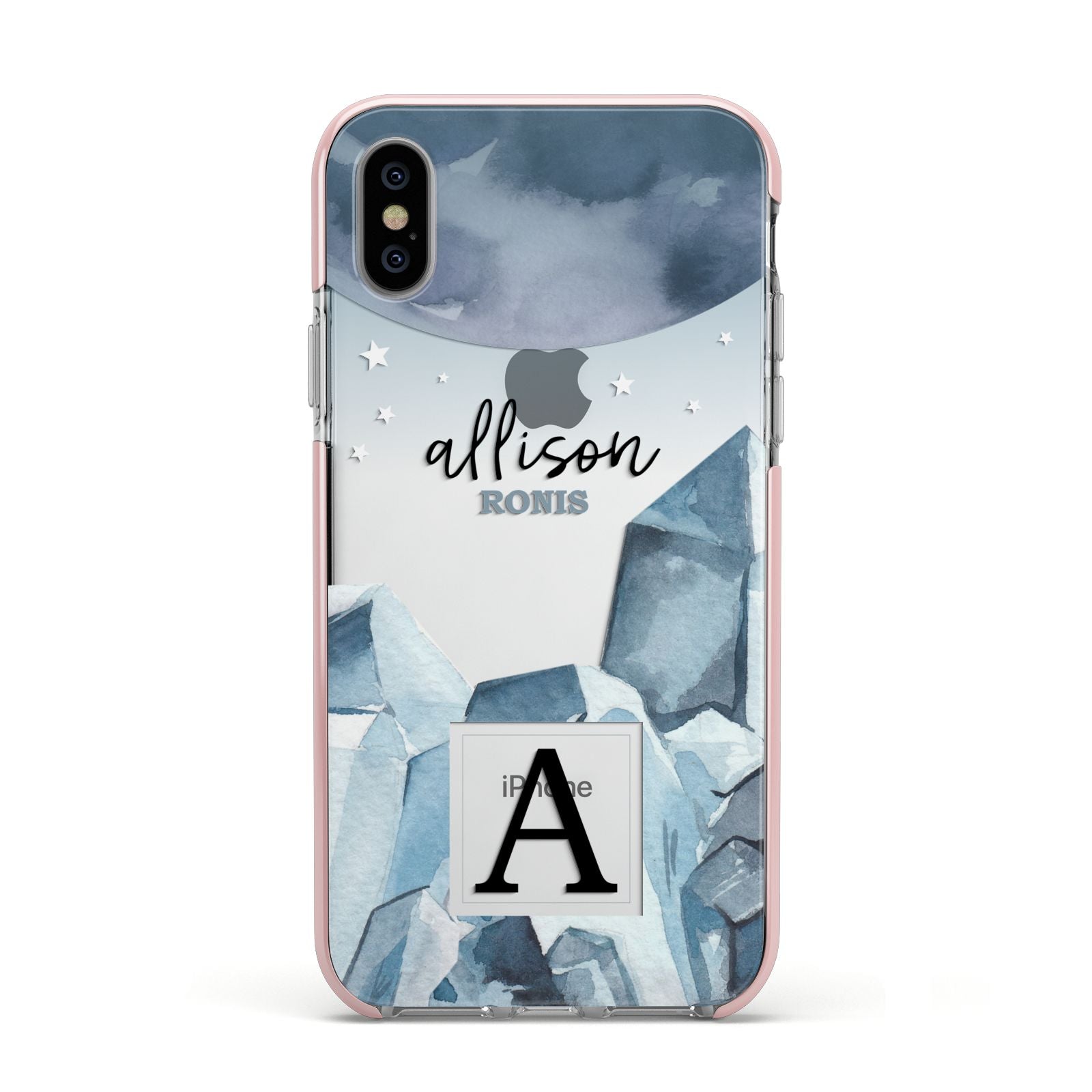 Lunar Crystals Personalised Name Apple iPhone Xs Impact Case Pink Edge on Silver Phone