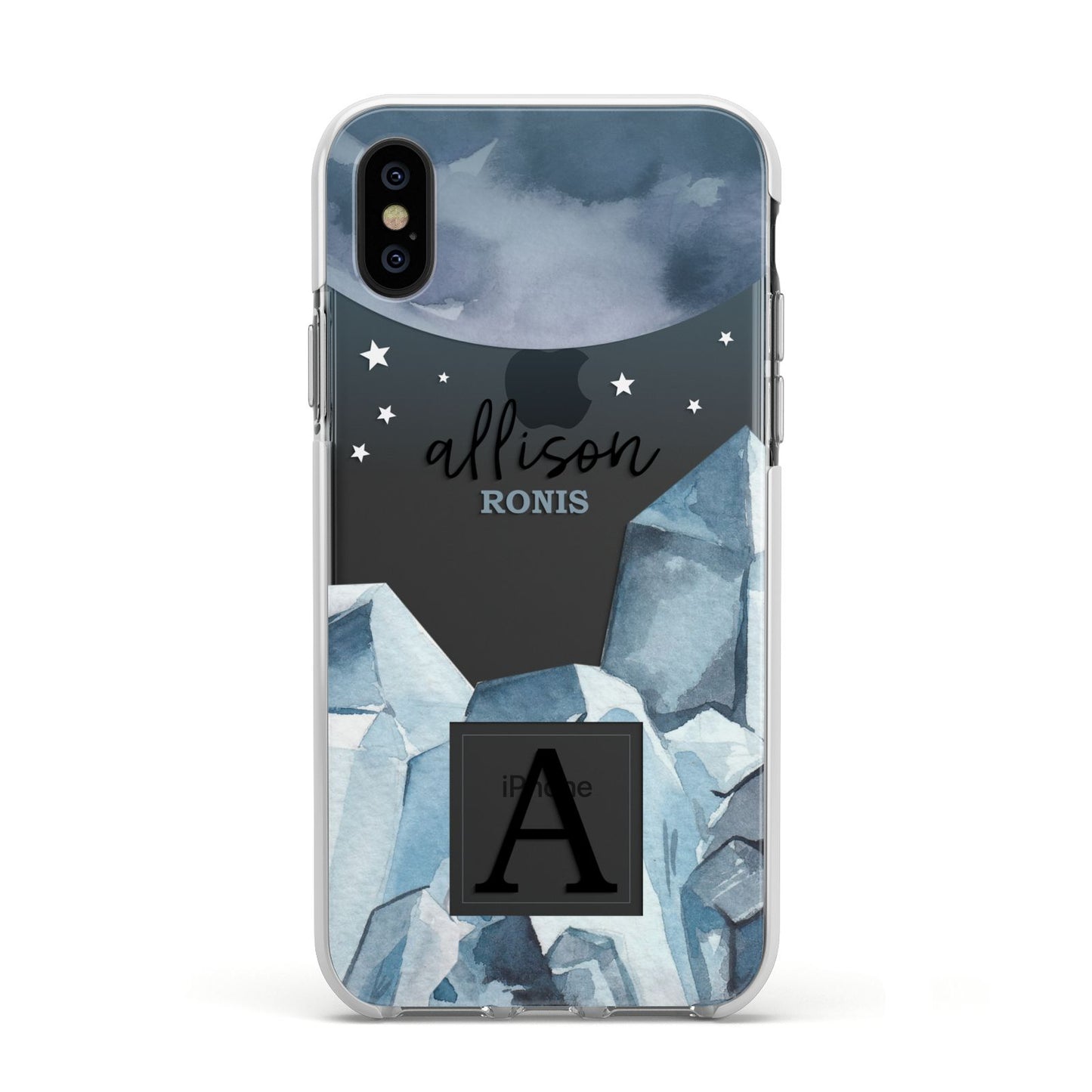 Lunar Crystals Personalised Name Apple iPhone Xs Impact Case White Edge on Black Phone