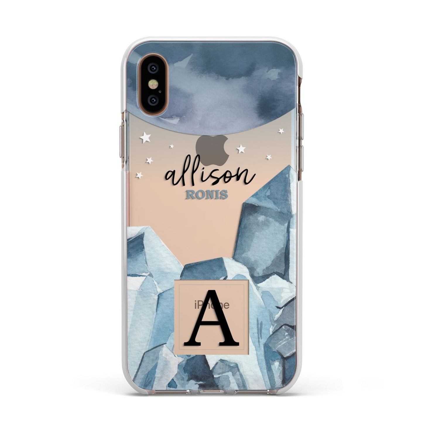Lunar Crystals Personalised Name Apple iPhone Xs Impact Case White Edge on Gold Phone