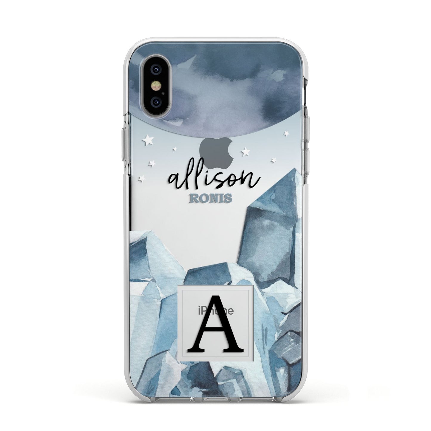Lunar Crystals Personalised Name Apple iPhone Xs Impact Case White Edge on Silver Phone