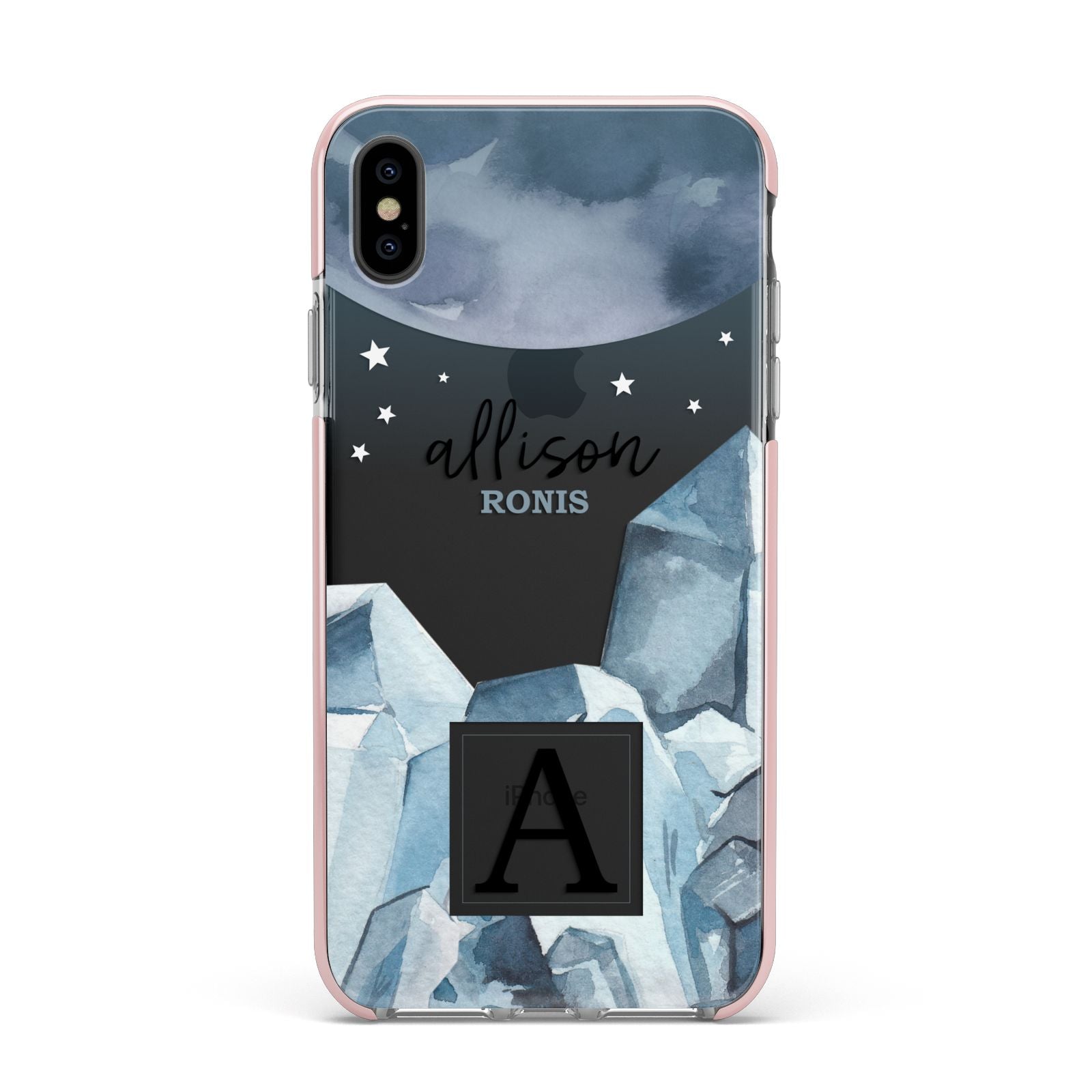 Lunar Crystals Personalised Name Apple iPhone Xs Max Impact Case Pink Edge on Black Phone