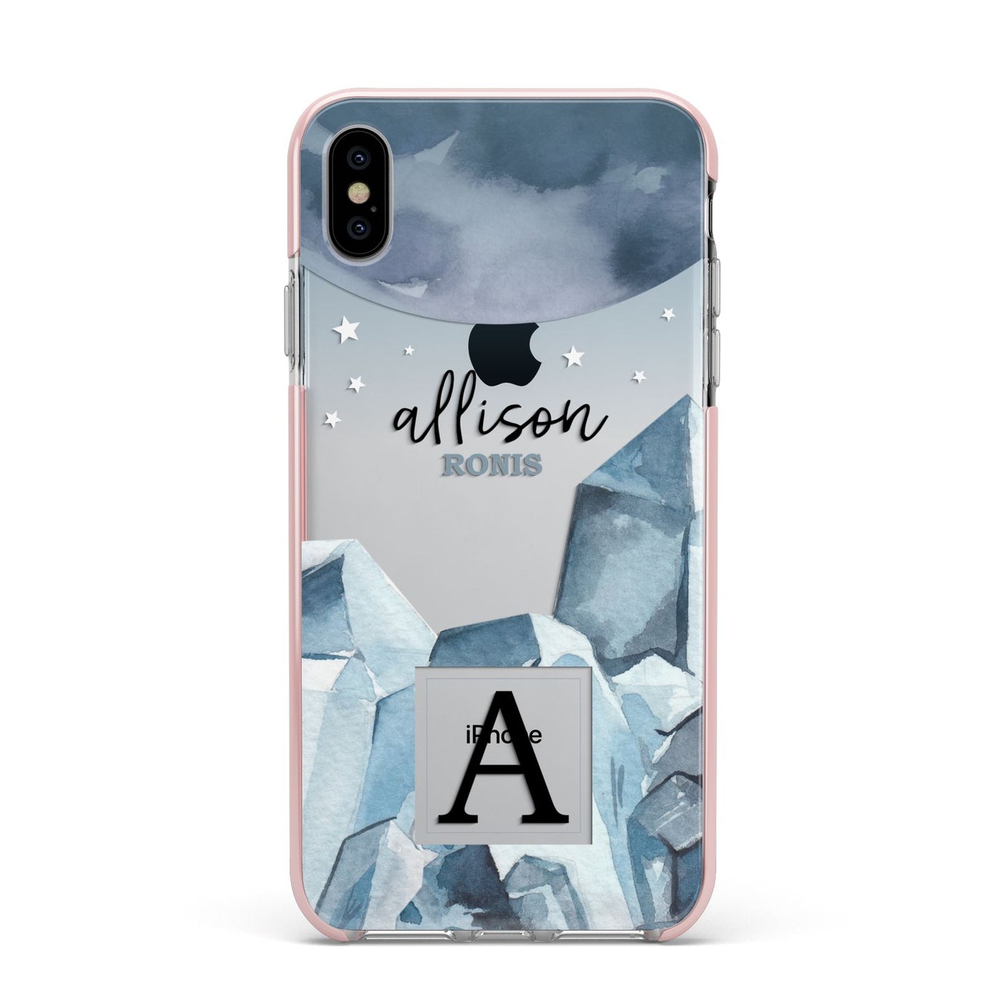 Lunar Crystals Personalised Name Apple iPhone Xs Max Impact Case Pink Edge on Silver Phone