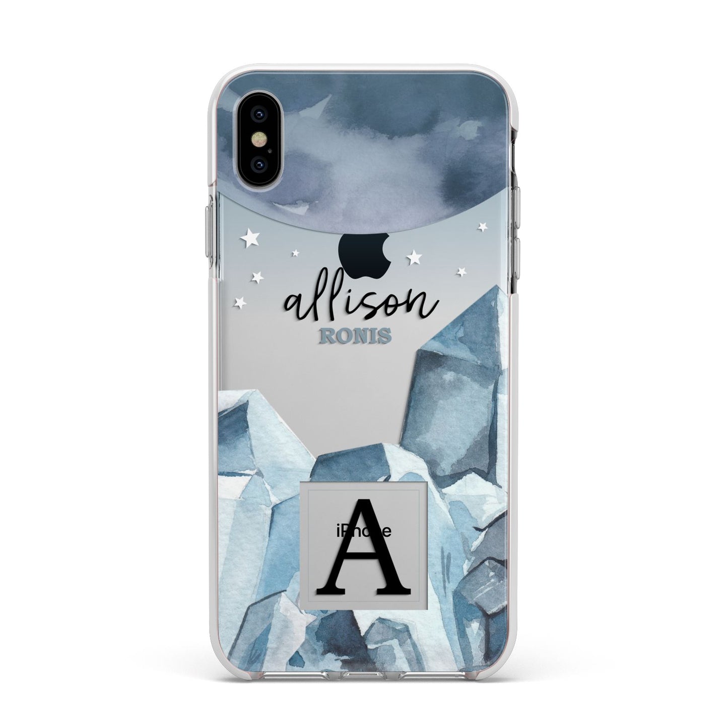 Lunar Crystals Personalised Name Apple iPhone Xs Max Impact Case White Edge on Silver Phone