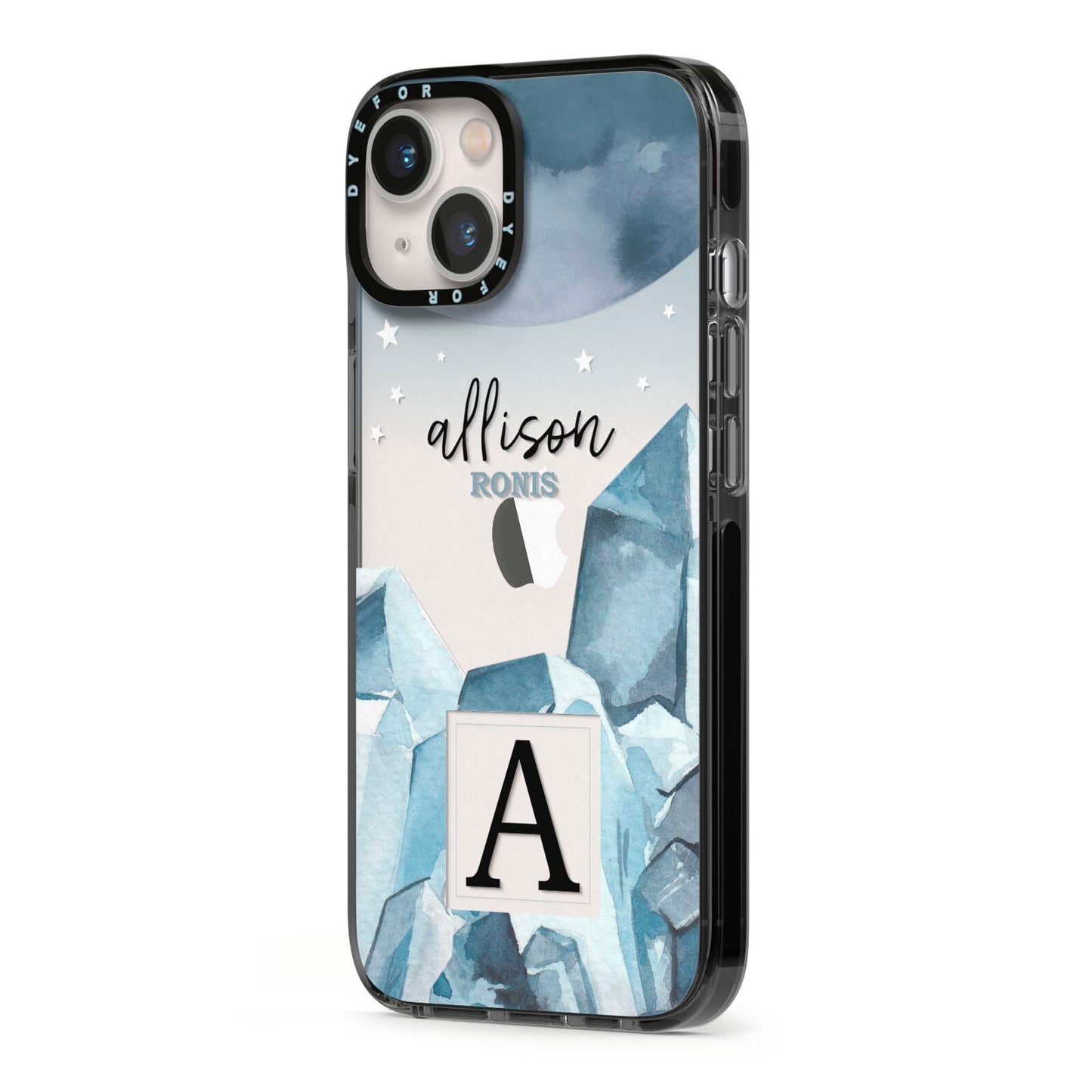 Lunar Crystals Personalised Name iPhone 13 Black Impact Case Side Angle on Silver phone