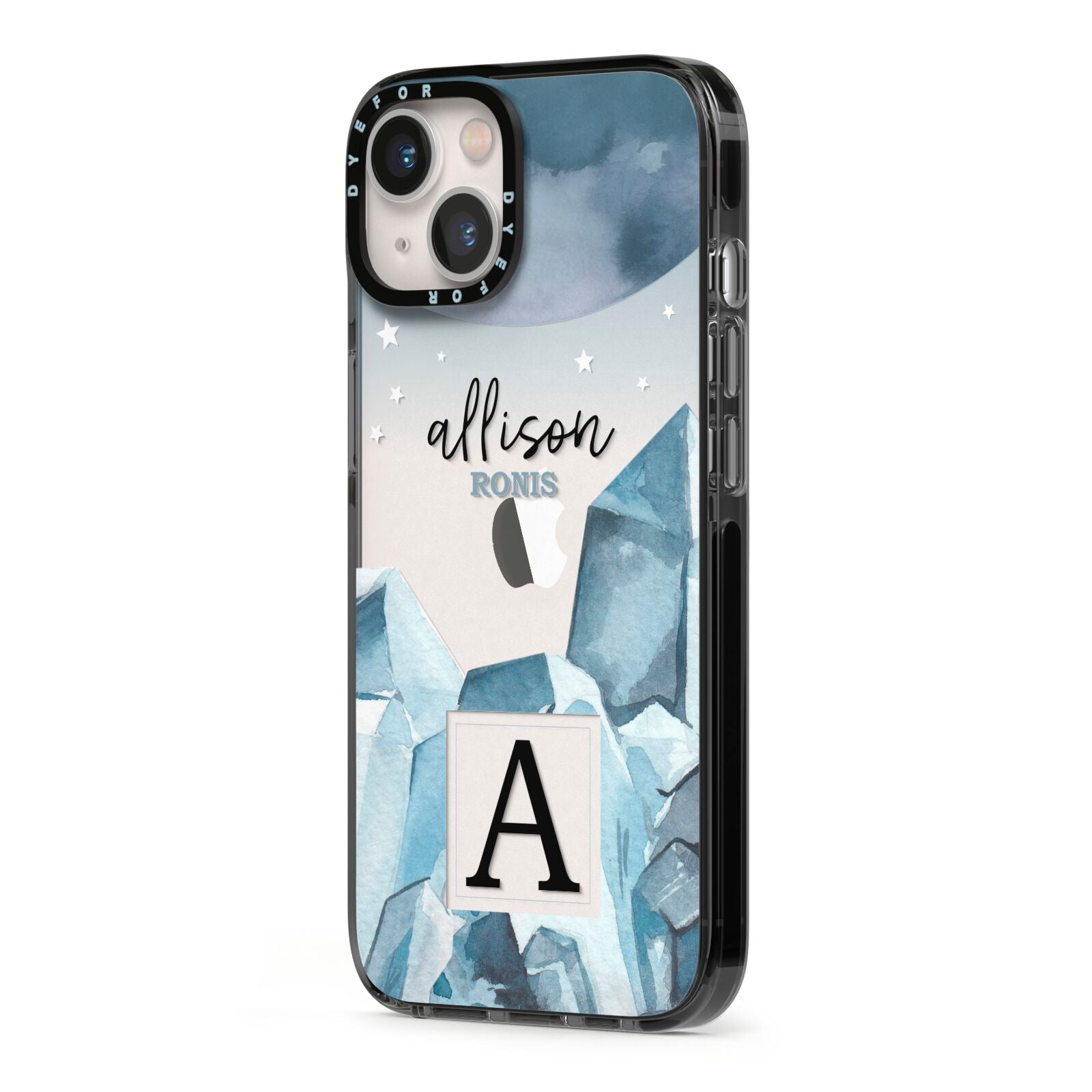 Lunar Crystals Personalised Name iPhone 13 Black Impact Case Side Angle on Silver phone