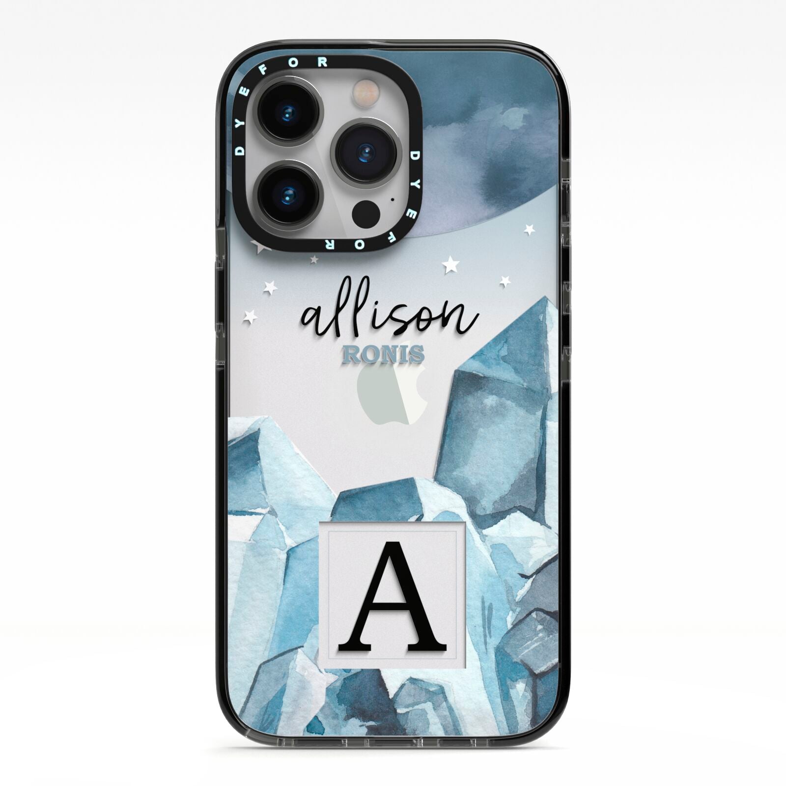 Lunar Crystals Personalised Name iPhone 13 Pro Black Impact Case on Silver phone