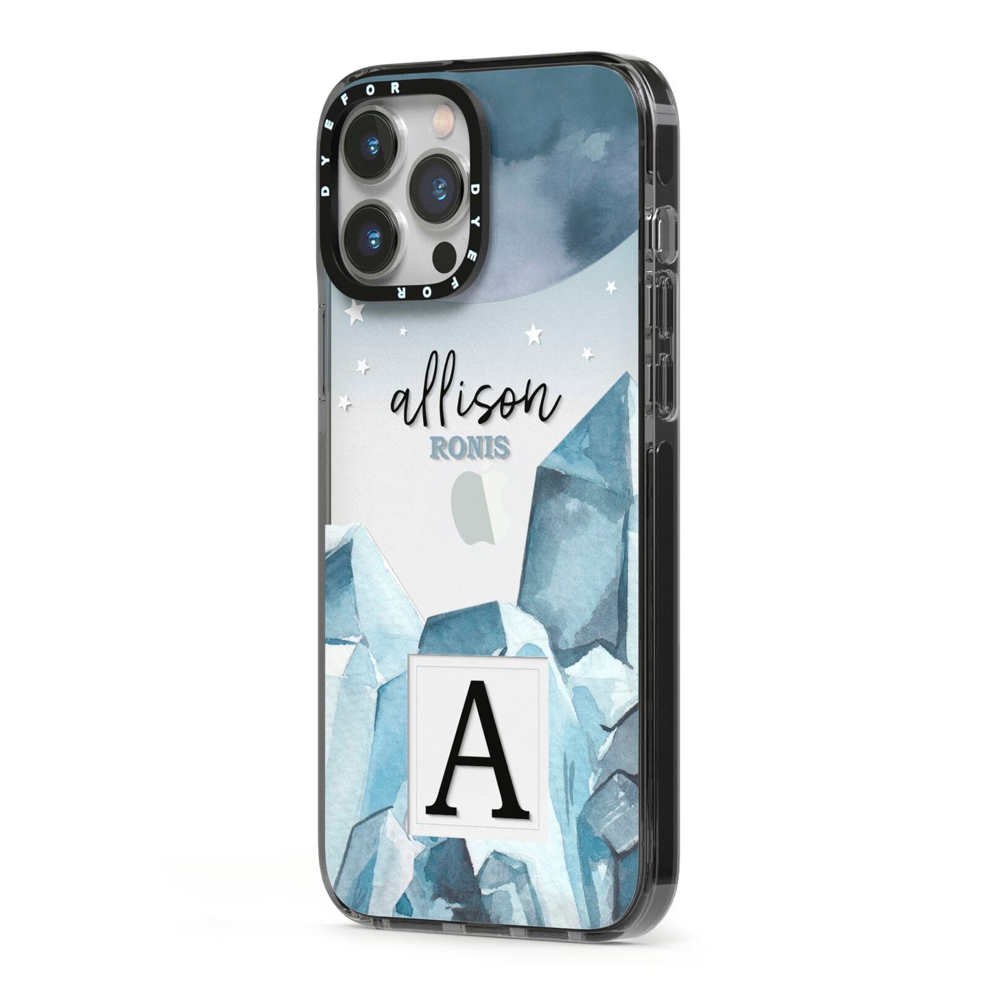 Lunar Crystals Personalised Name iPhone 13 Pro Max Black Impact Case Side Angle on Silver phone