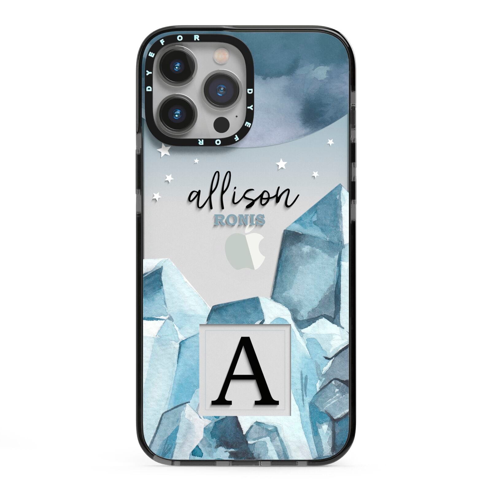 Lunar Crystals Personalised Name iPhone 13 Pro Max Black Impact Case on Silver phone