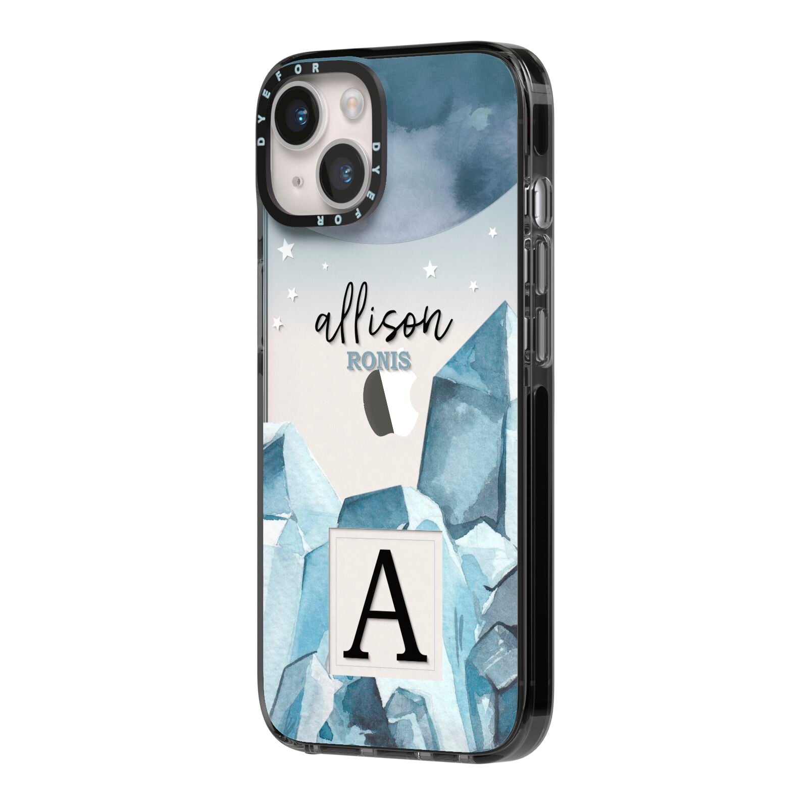 Lunar Crystals Personalised Name iPhone 14 Black Impact Case Side Angle on Silver phone