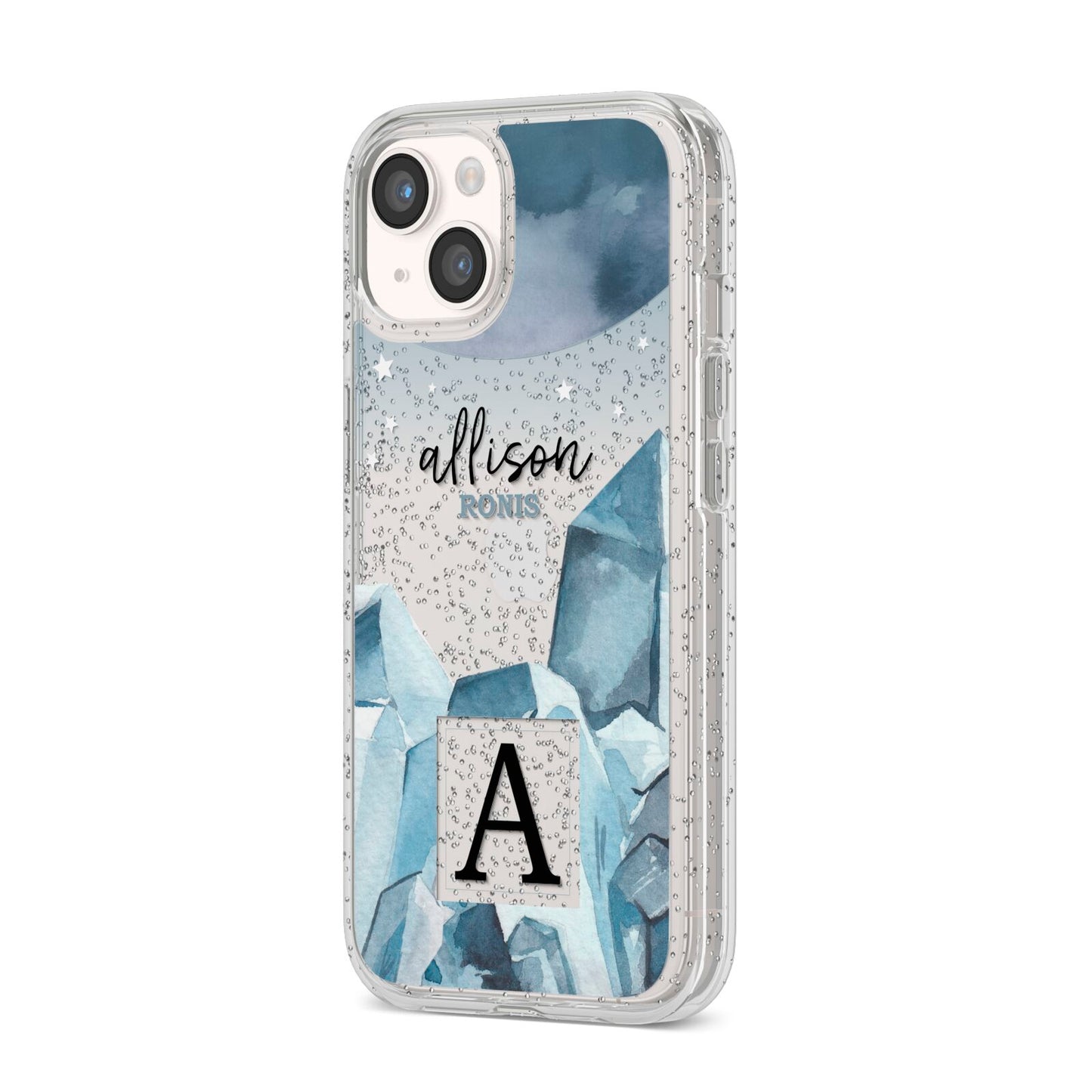 Lunar Crystals Personalised Name iPhone 14 Glitter Tough Case Starlight Angled Image