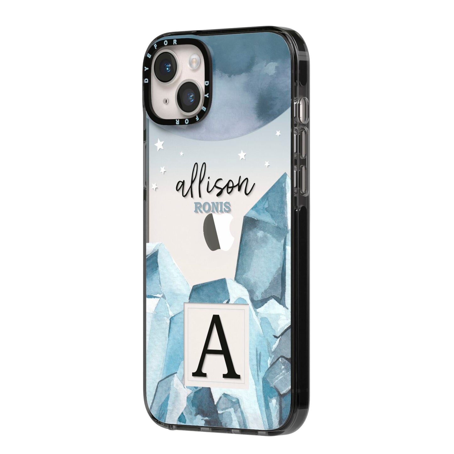 Lunar Crystals Personalised Name iPhone 14 Plus Black Impact Case Side Angle on Silver phone