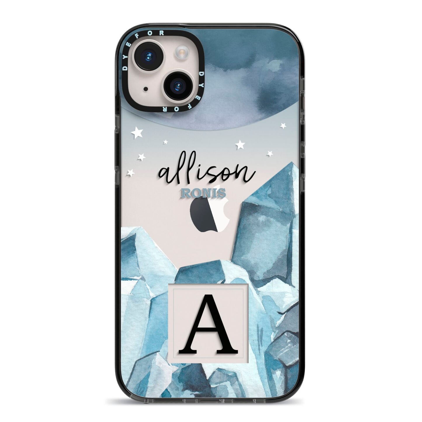 Lunar Crystals Personalised Name iPhone 14 Plus Black Impact Case on Silver phone