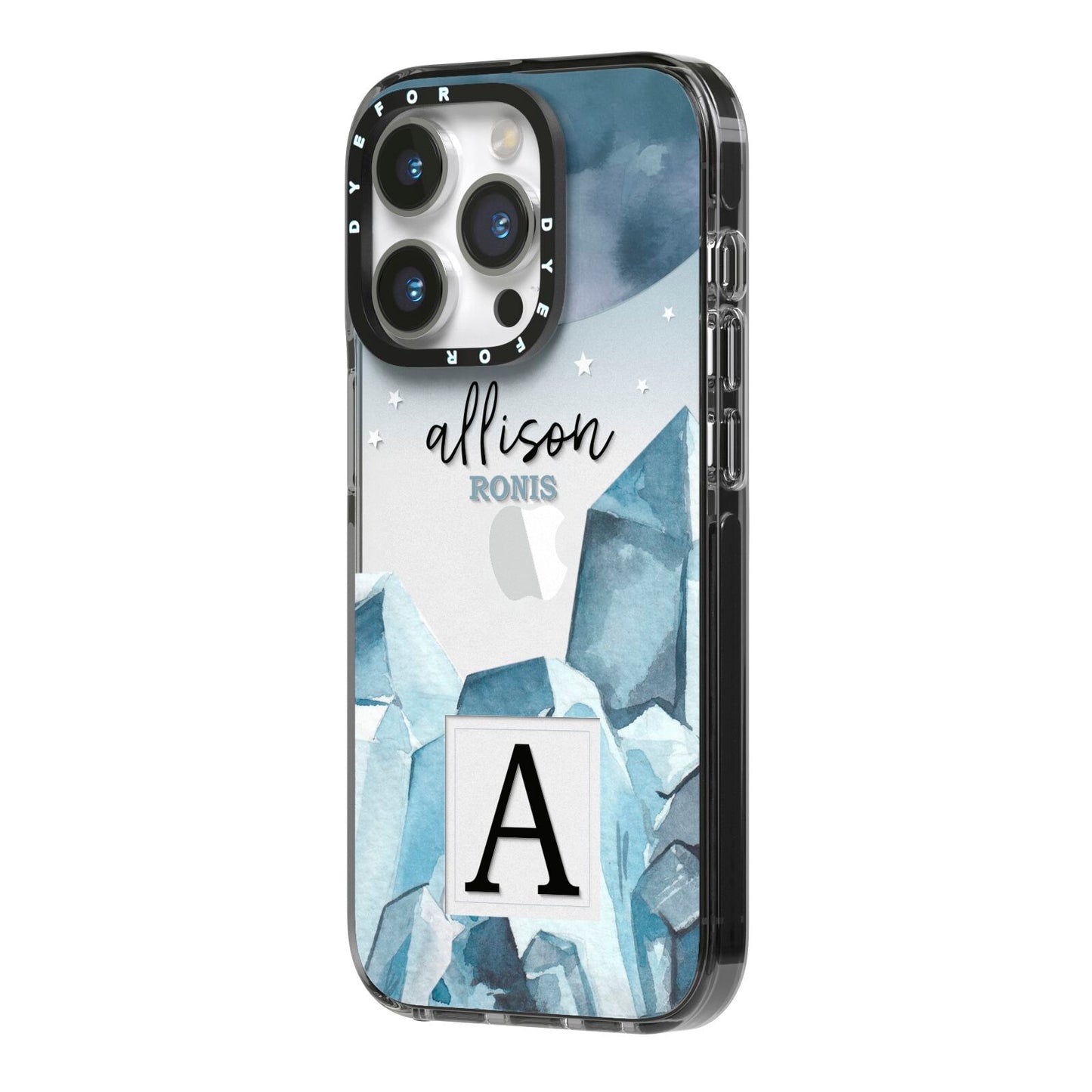 Lunar Crystals Personalised Name iPhone 14 Pro Black Impact Case Side Angle on Silver phone