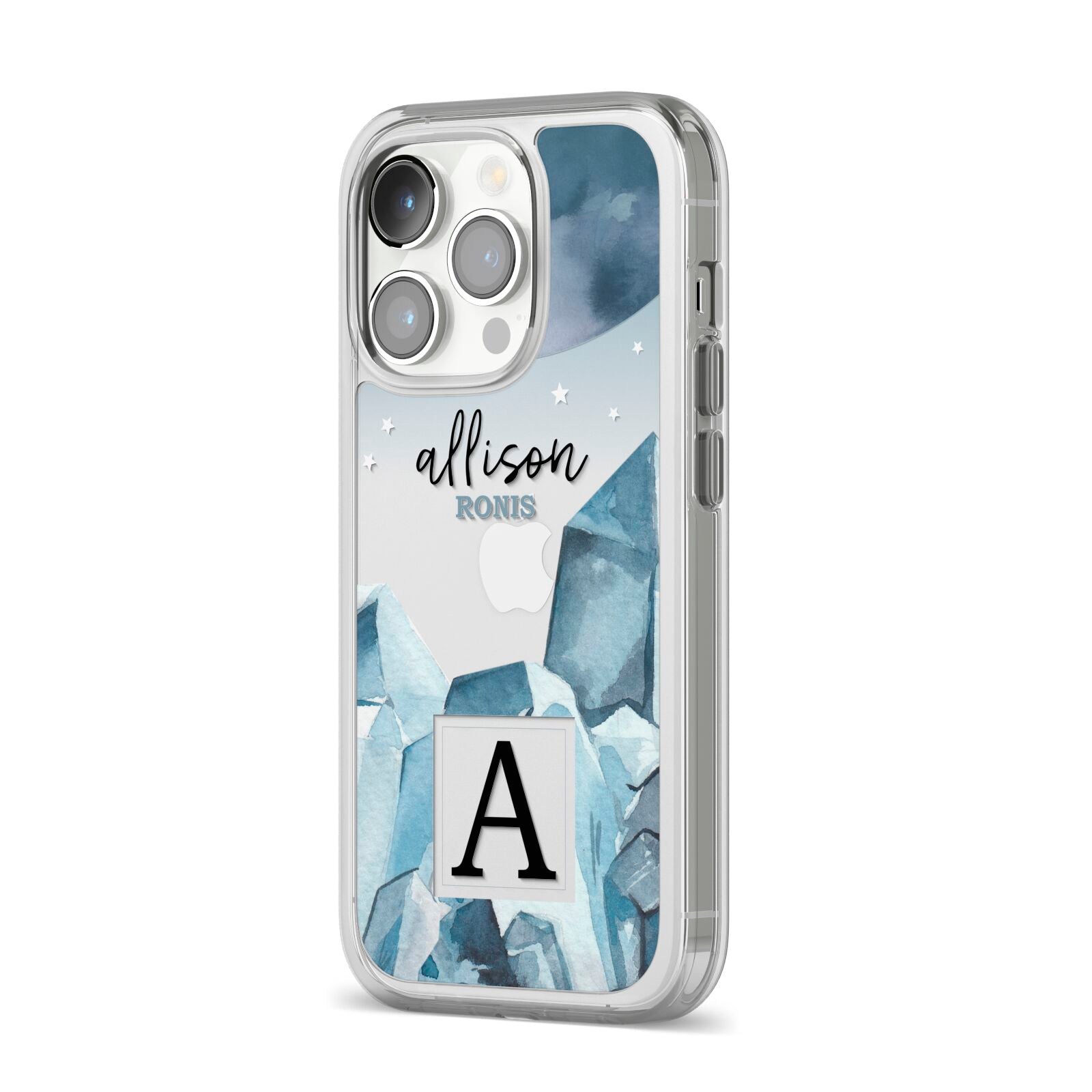 Lunar Crystals Personalised Name iPhone 14 Pro Clear Tough Case Silver Angled Image