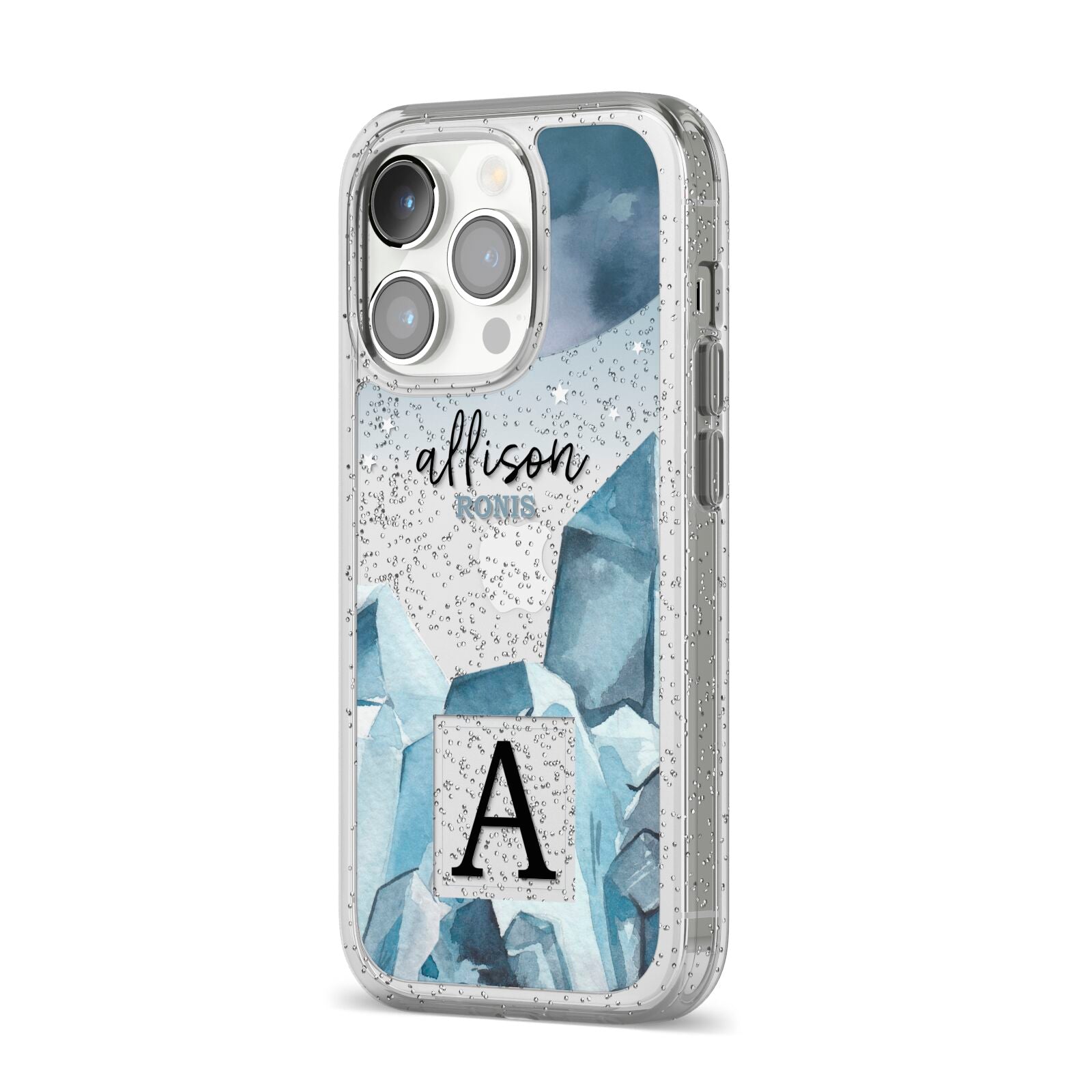 Lunar Crystals Personalised Name iPhone 14 Pro Glitter Tough Case Silver Angled Image