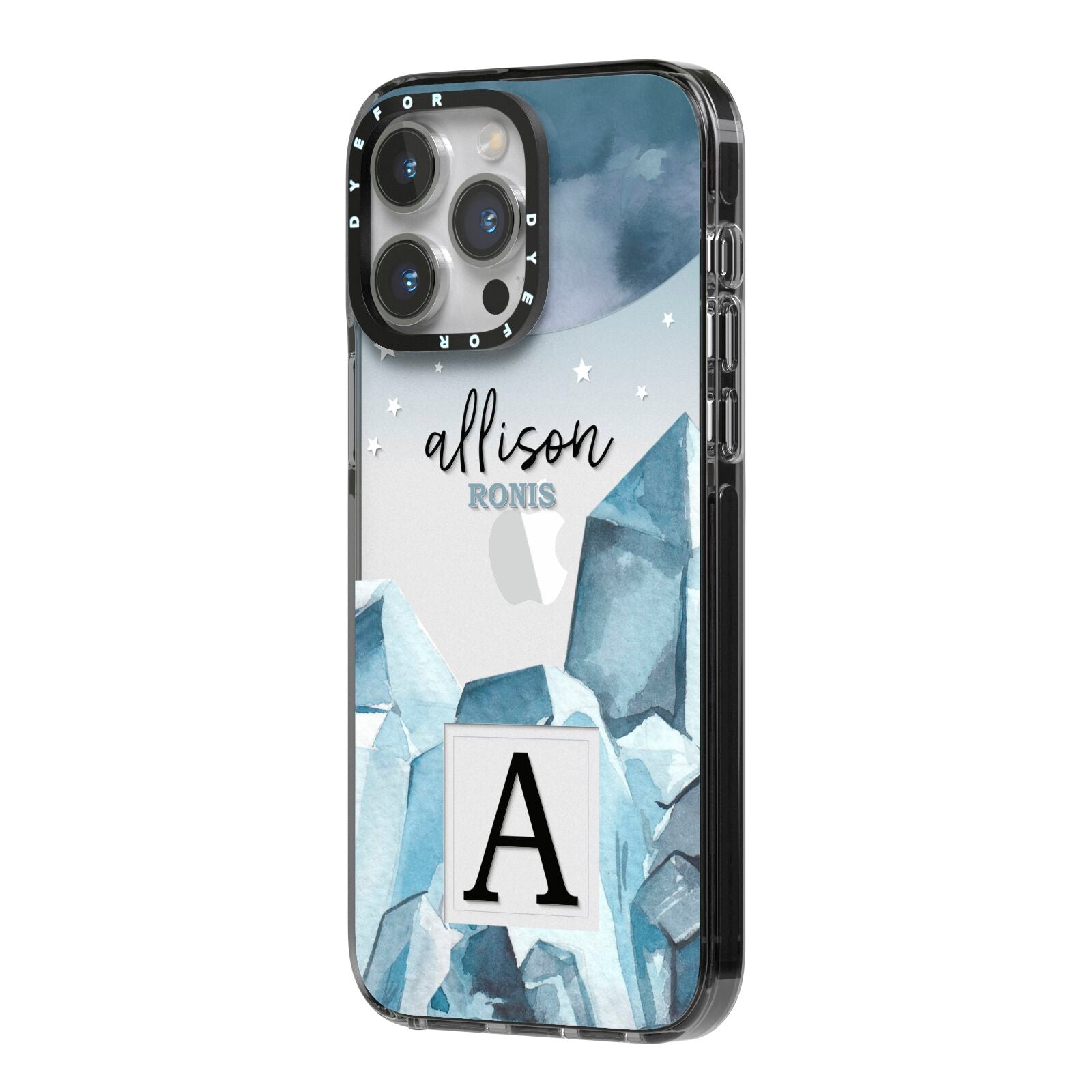 Lunar Crystals Personalised Name iPhone 14 Pro Max Black Impact Case Side Angle on Silver phone