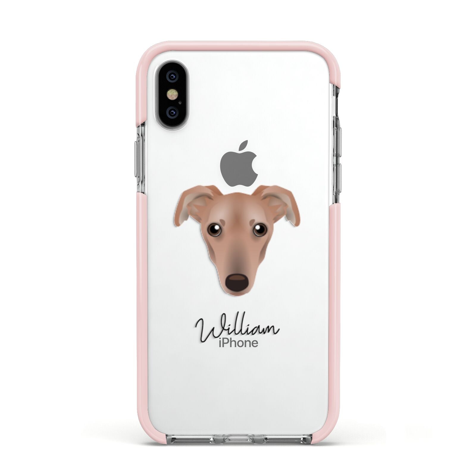 Lurcher Personalised Apple iPhone Xs Impact Case Pink Edge on Silver Phone