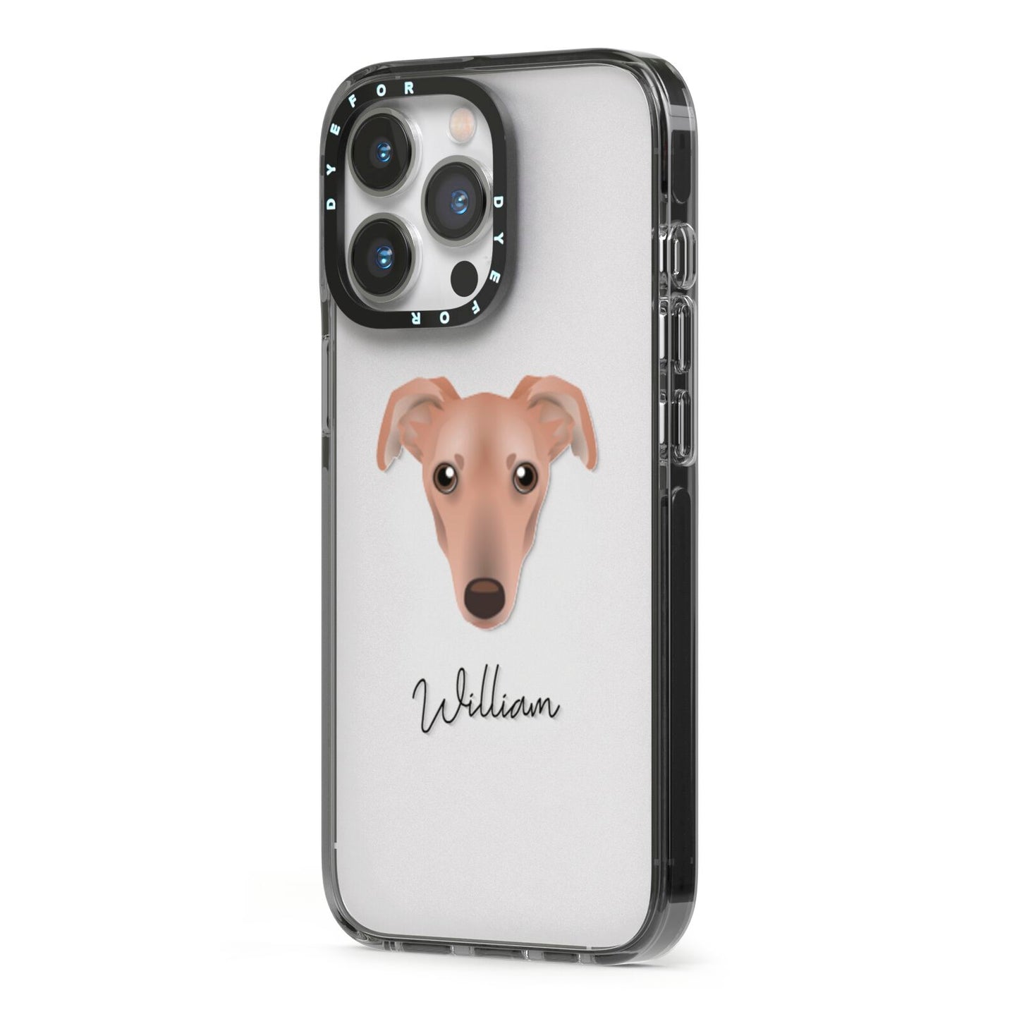Lurcher Personalised iPhone 13 Pro Black Impact Case Side Angle on Silver phone