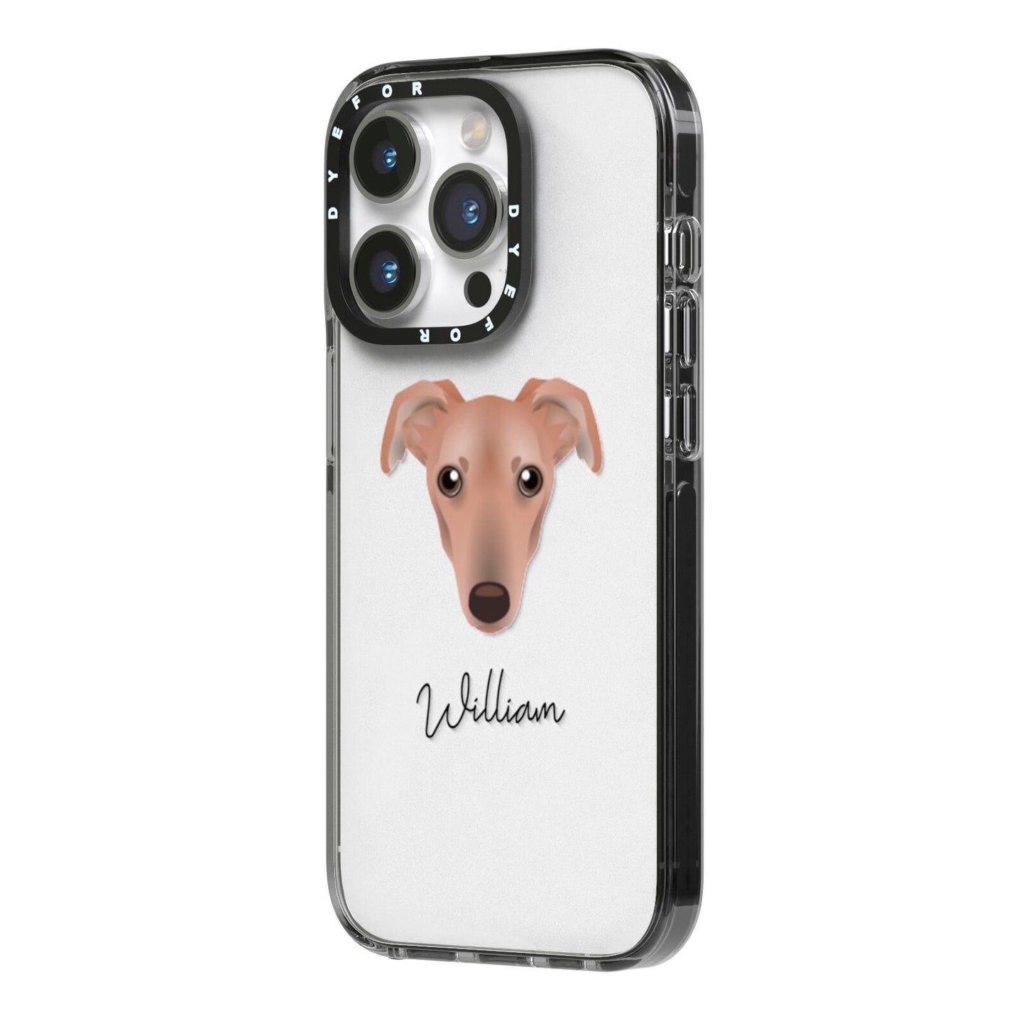 Lurcher Personalised iPhone 14 Pro Black Impact Case Side Angle on Silver phone