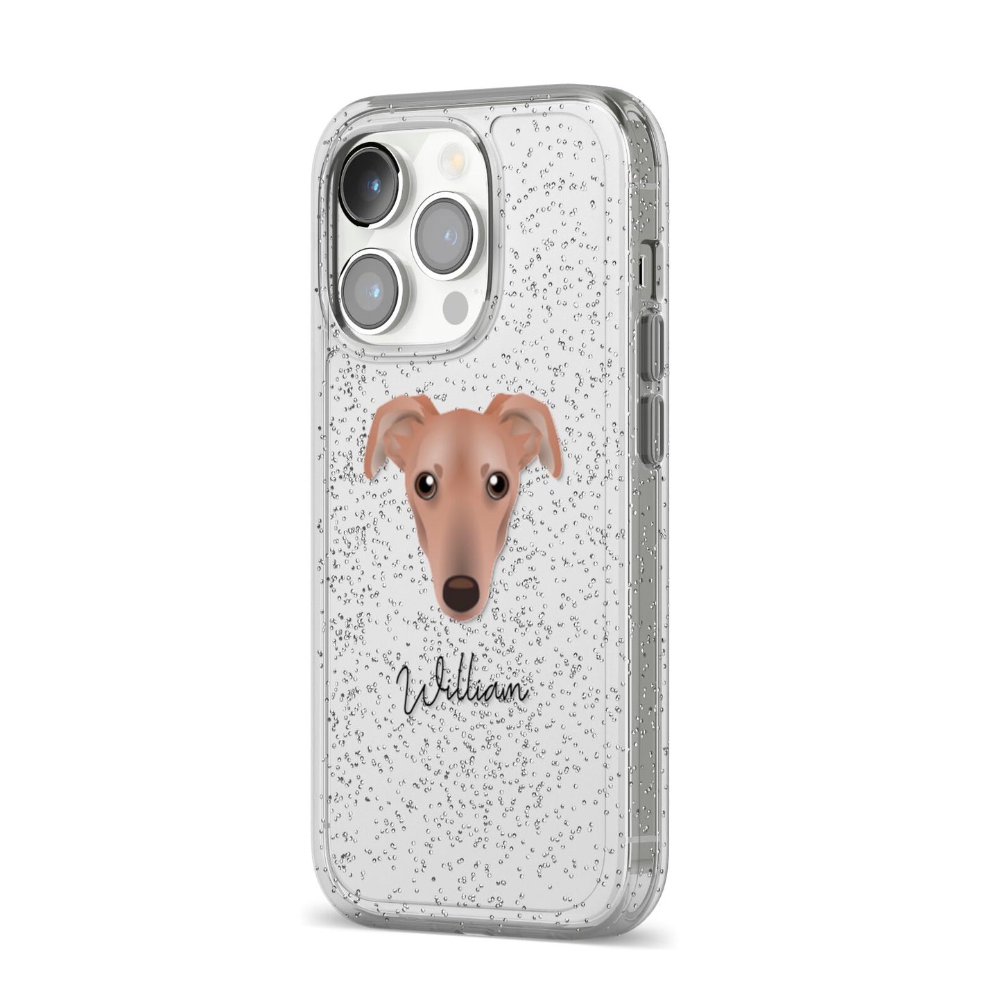 Lurcher Personalised iPhone 14 Pro Glitter Tough Case Silver Angled Image