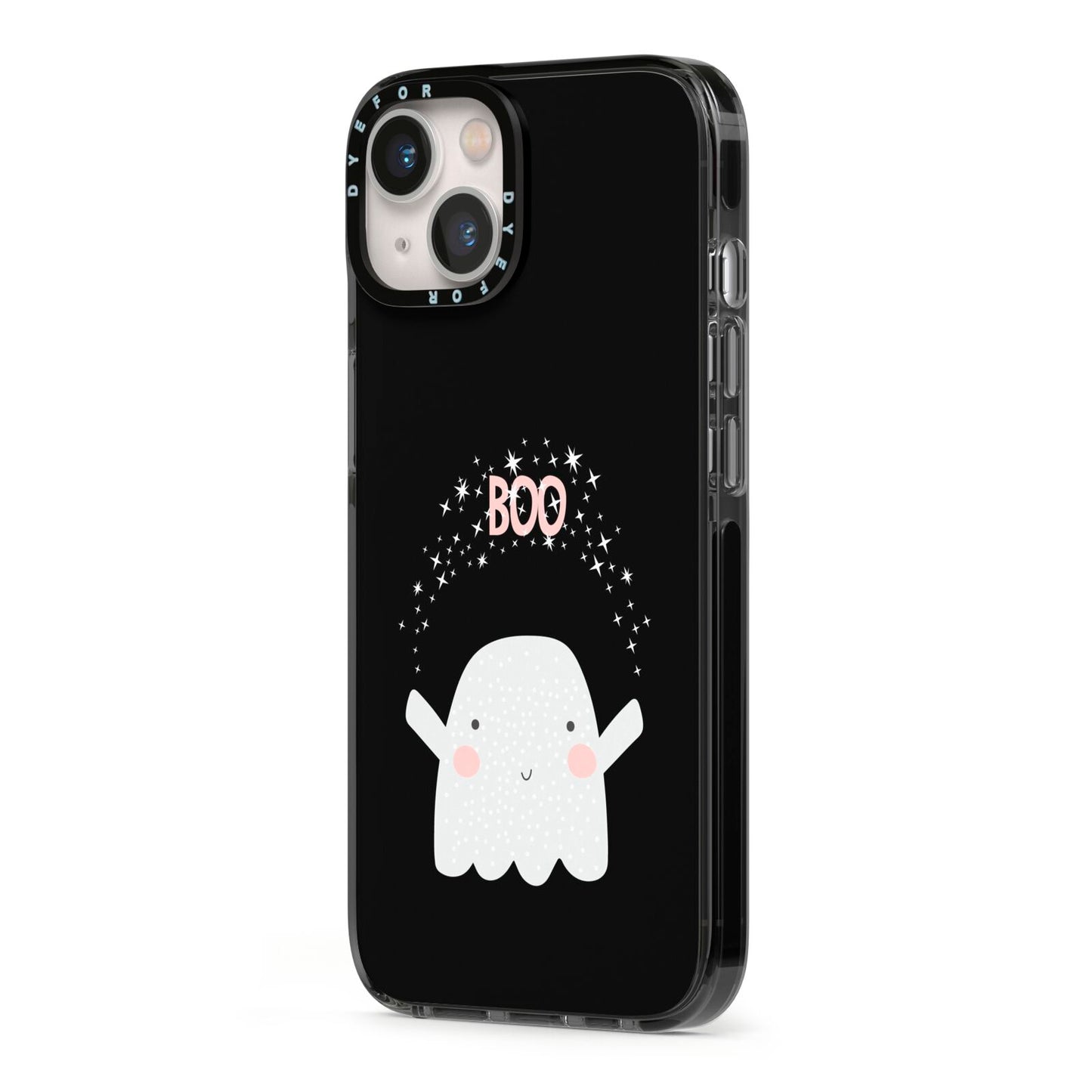 Magical Ghost iPhone 13 Black Impact Case Side Angle on Silver phone