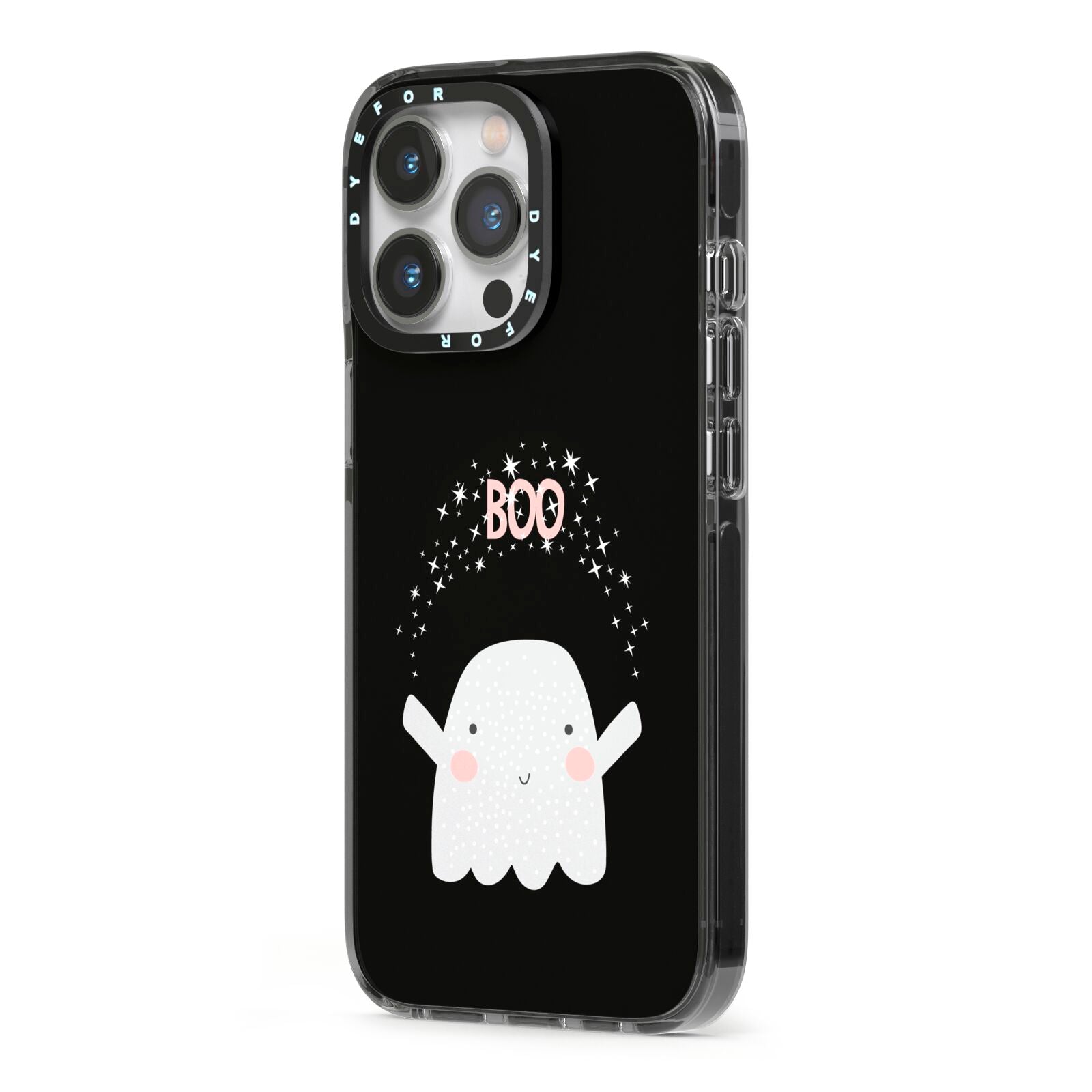 Magical Ghost iPhone 13 Pro Black Impact Case Side Angle on Silver phone